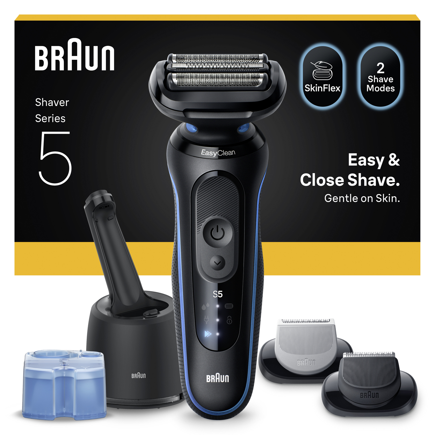 Braun Series 5 elektrische scheerapparaat met accessoires: reinigingsstation, reservekoppen en reinigingsoplossing. Zwart en blauw kleurenschema.