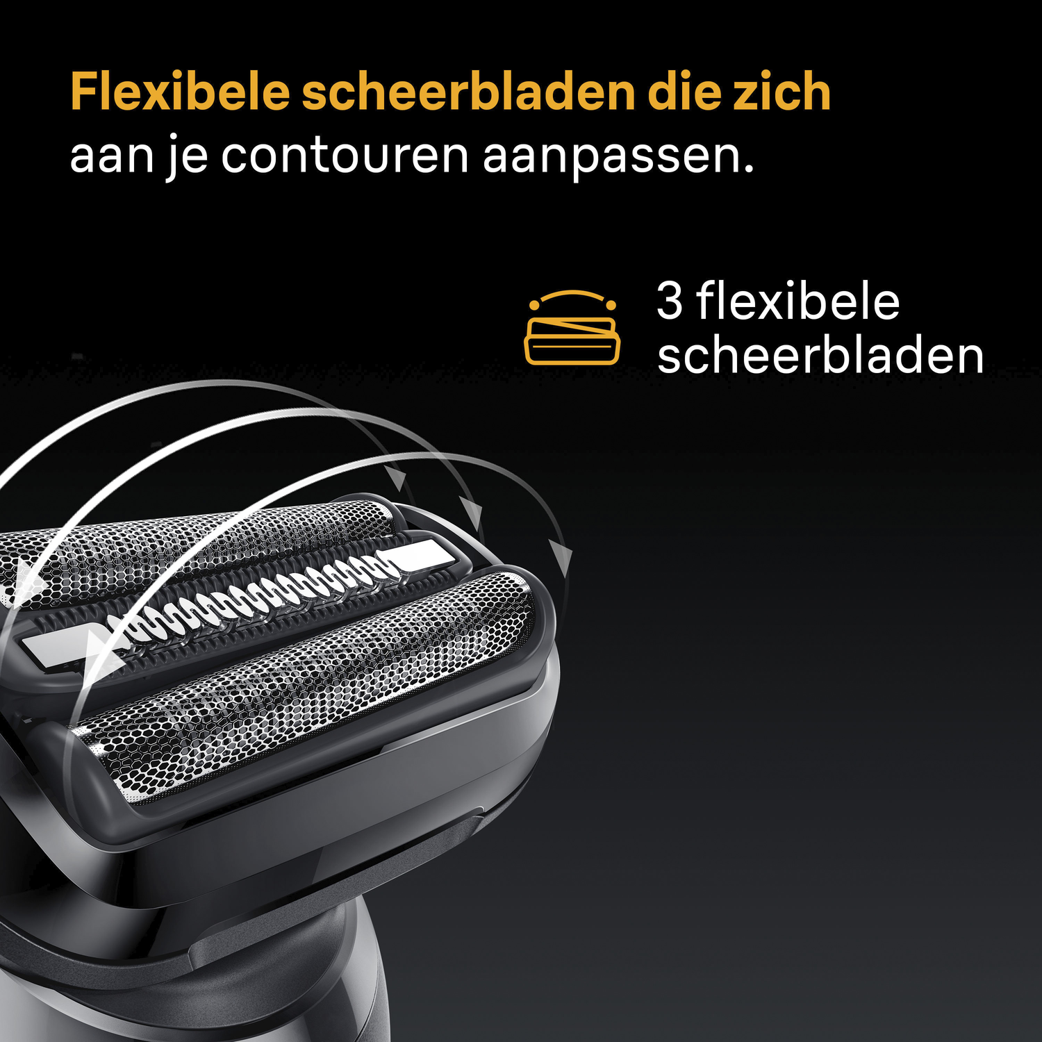Close-up van een zwarte elektrische scheerapparaat met drie flexibele mesjes. Nederlandse tekst.
