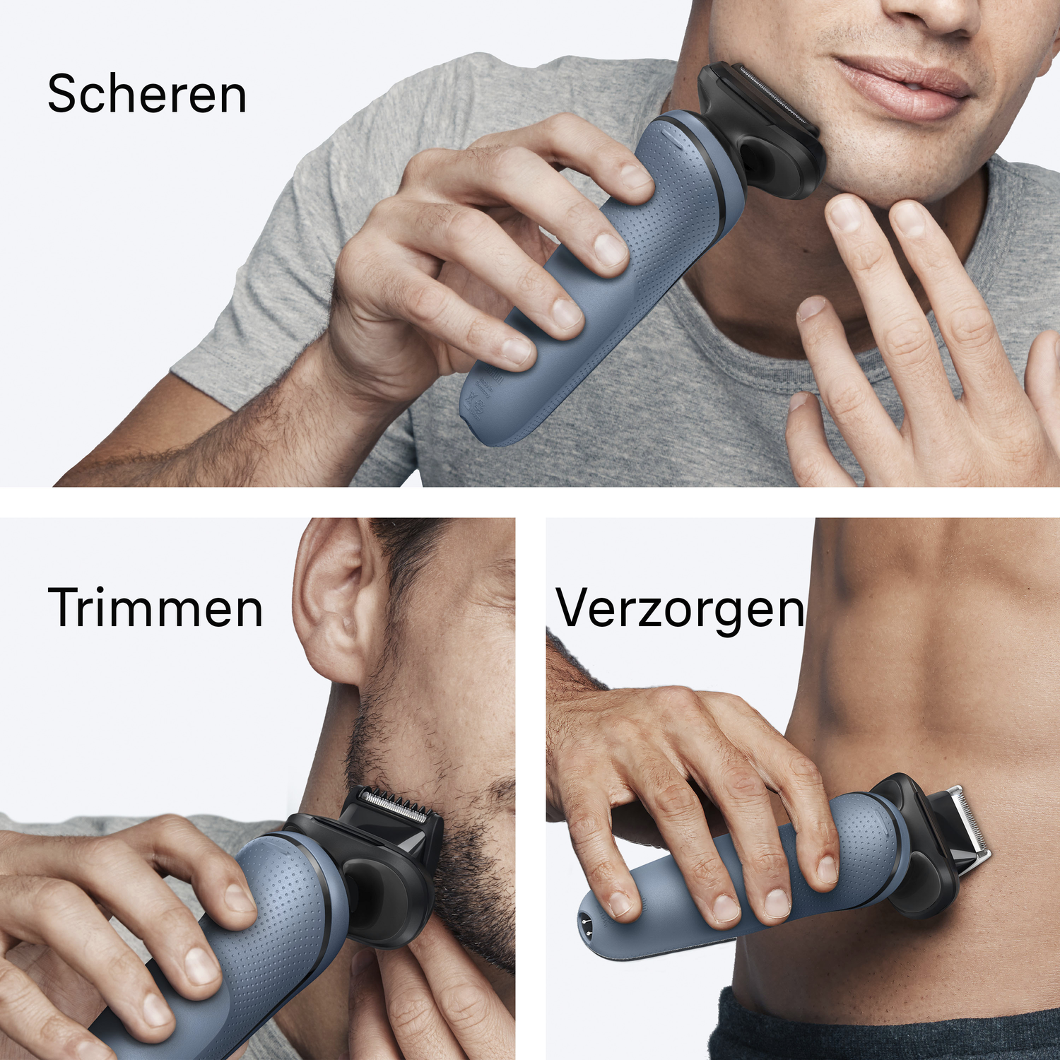 A man shaves his face with a blue and black electric shaver. The image is divided into three parts, showing different uses.