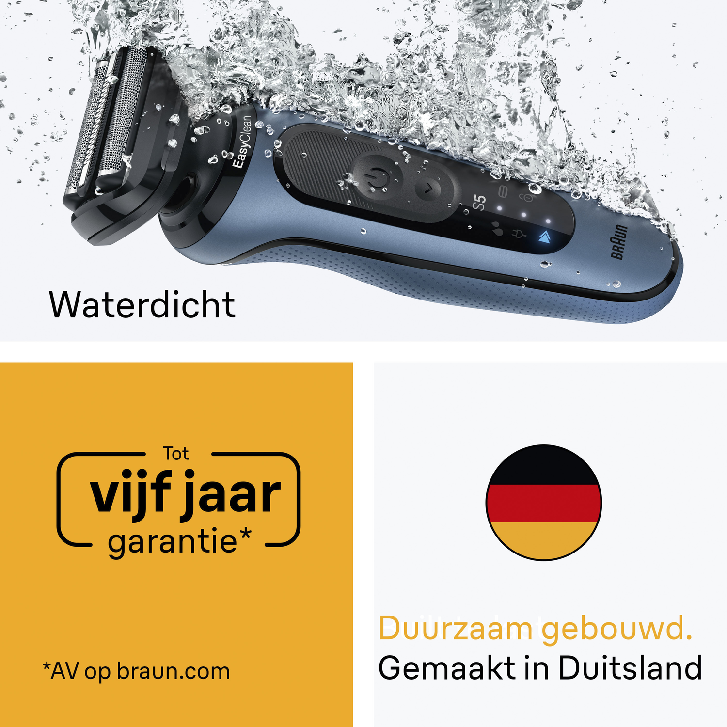 A blue Braun Series 5 electric shaver submerged in water. Water droplets surround the shaver. Yellow and German flag on the bottom.