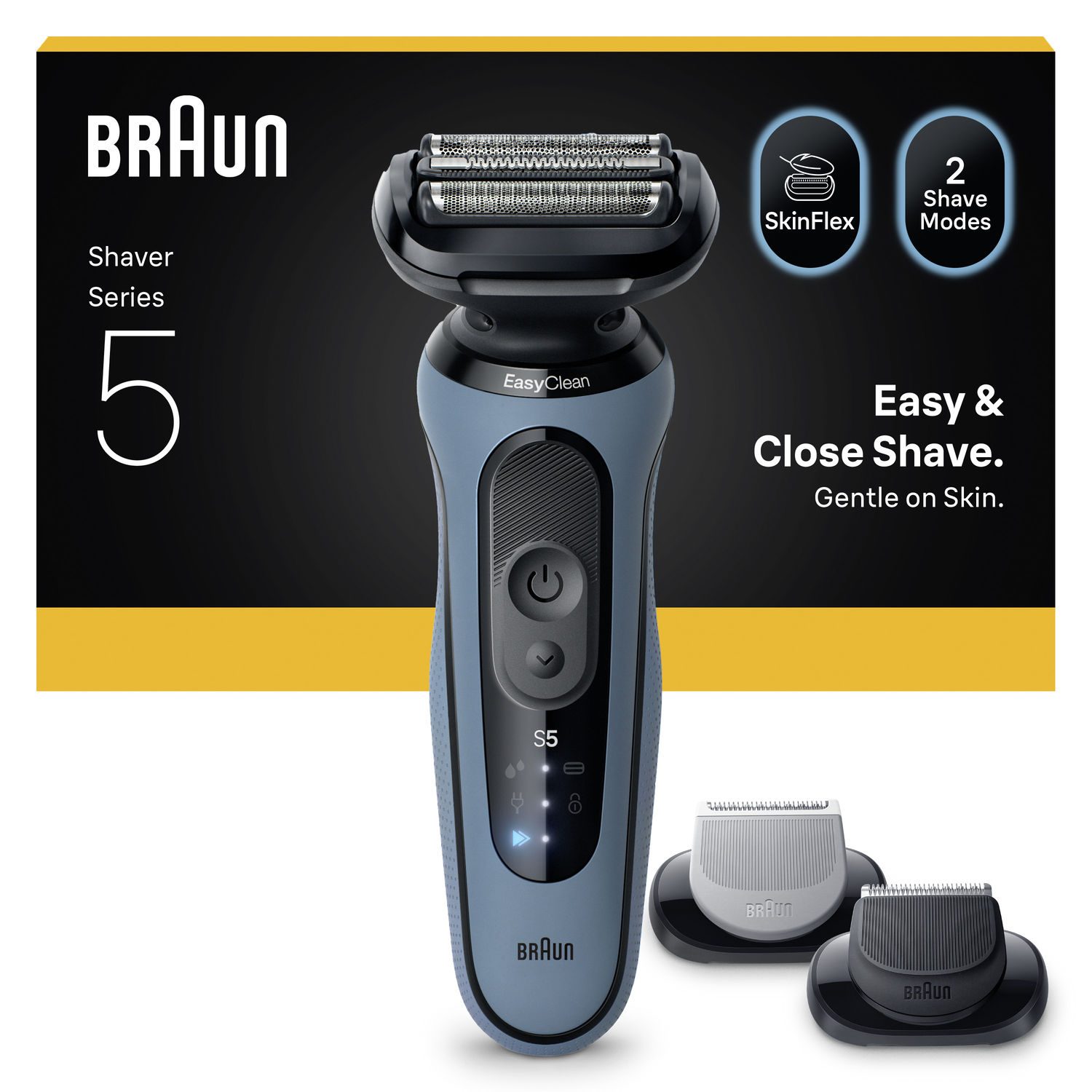 Een blauwzwarte Braun Series 5 elektrische scheerapparaat met twee extra koppen. Tekst toont SkinFlex, twee scheermodi en Easy & Close Shave.