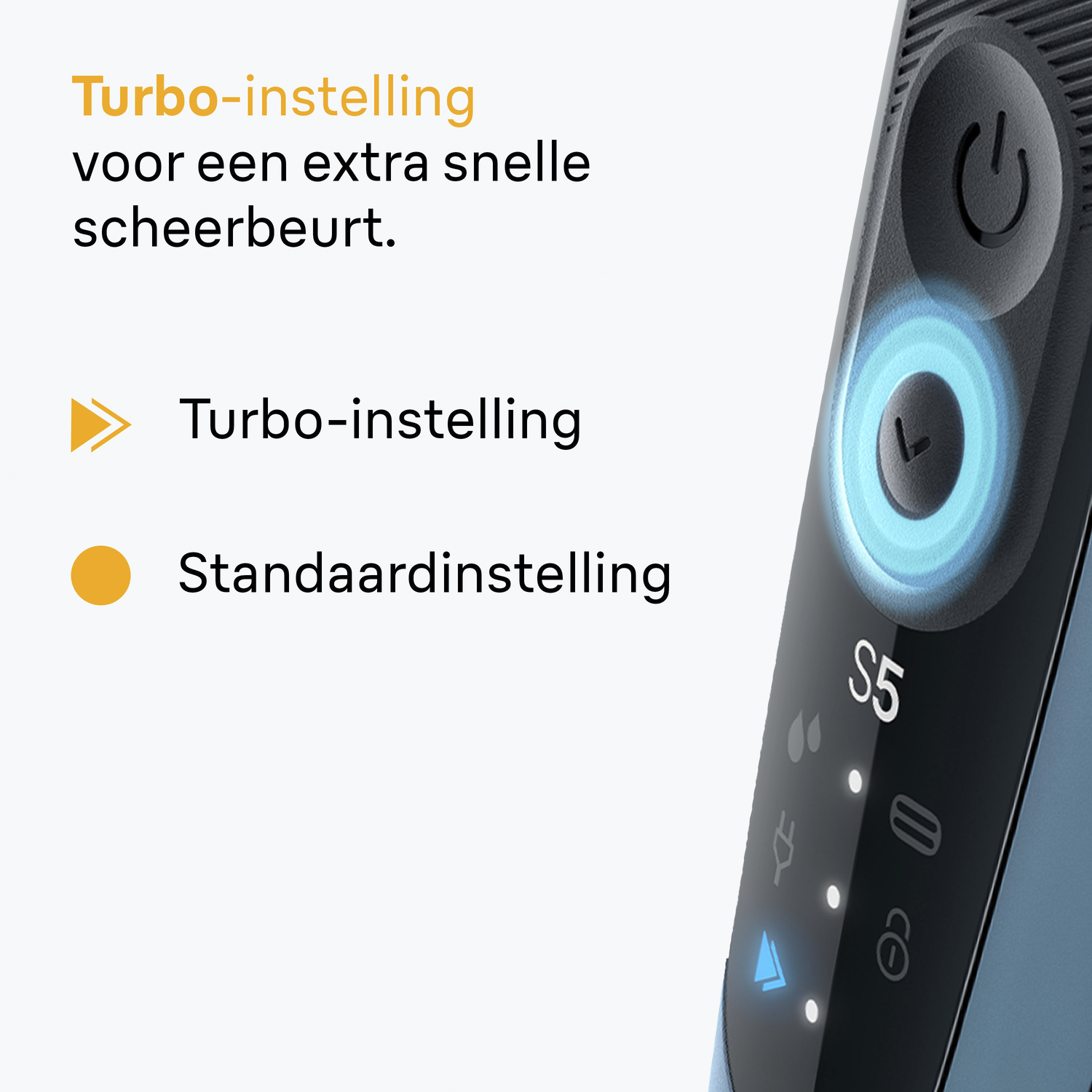 Close-up of a blue and black electric shaver with illuminated power button and settings indicator. Text reads "Turbo-instelling".