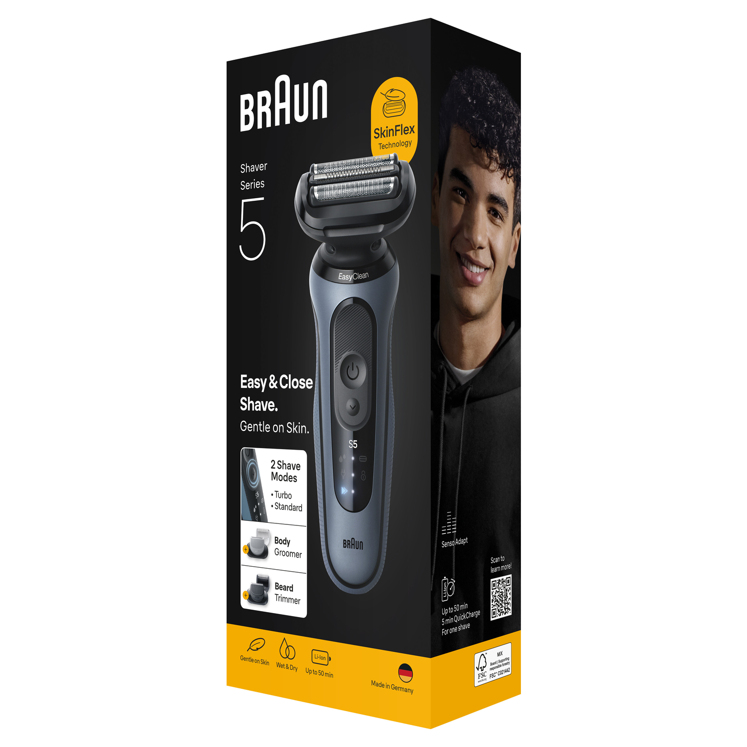 Braun Series 5 scheerapparaatdoos. Een lachende man staat rechts. De doos toont het scheerapparaat en functies zoals Easy & Close Shave.