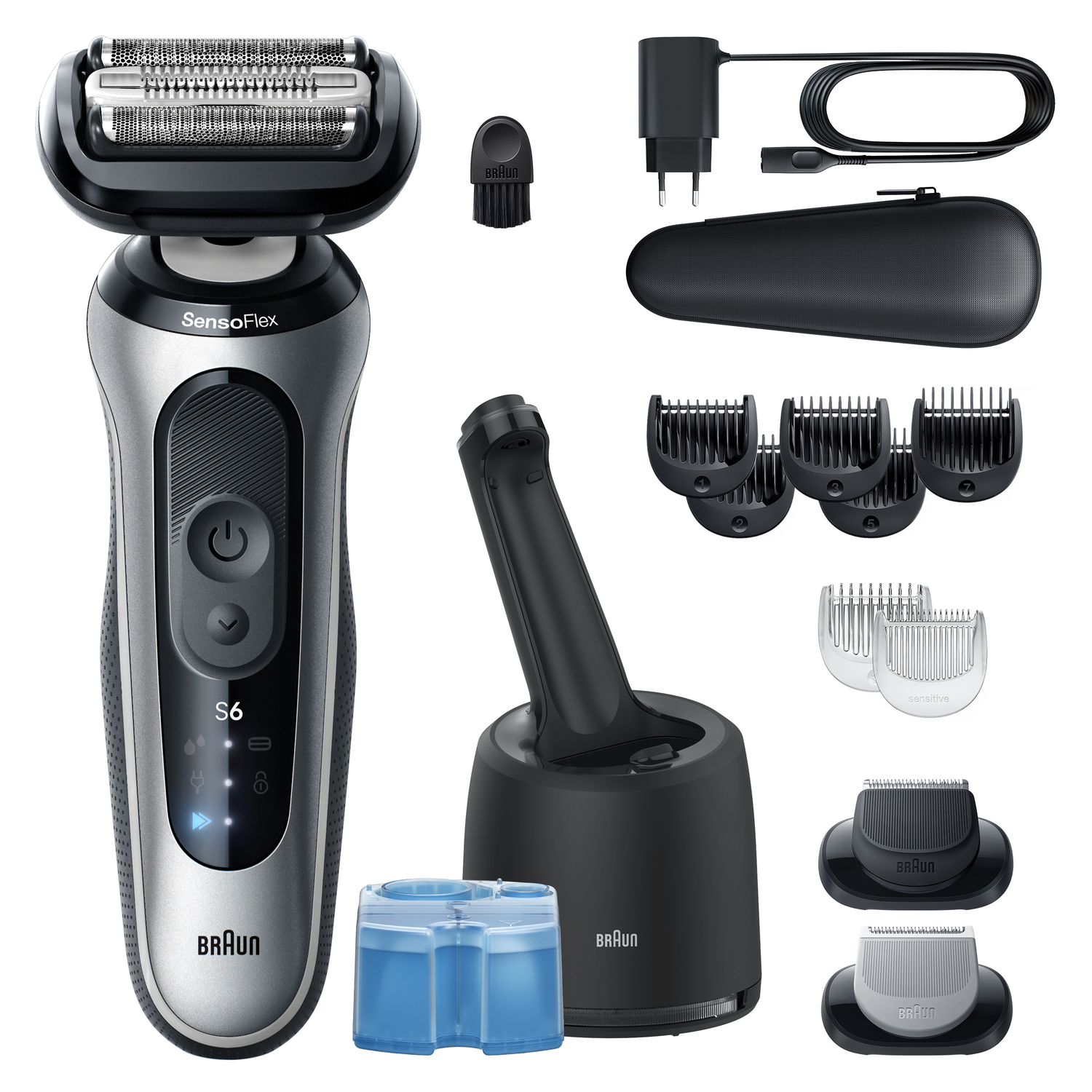 A Braun electric shaver set. Includes the shaver, various attachments, a charging stand, a travel case, and a cleaning solution.
