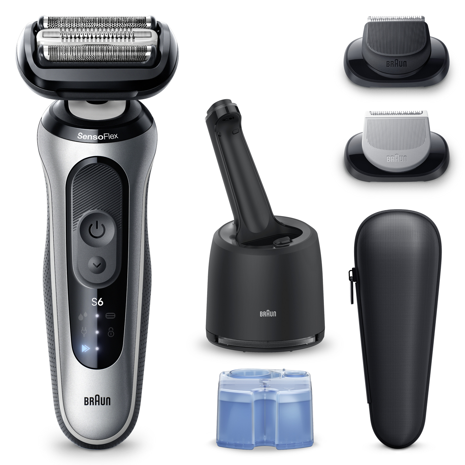 A Braun Series 6 electric shaver with accessories, including cleaning heads, a charging stand, a travel case, and a cleaning cartridge.