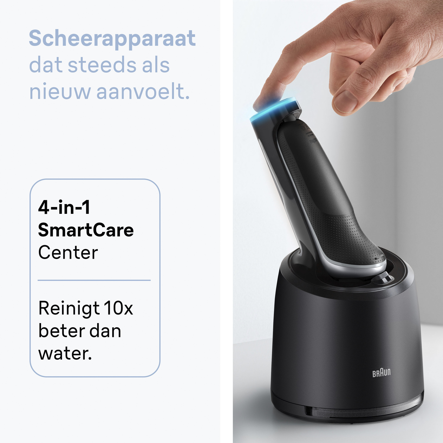 A black shaver in its base is being touched by a finger. Text on the left says '4-in-1 SmartCare Center'.