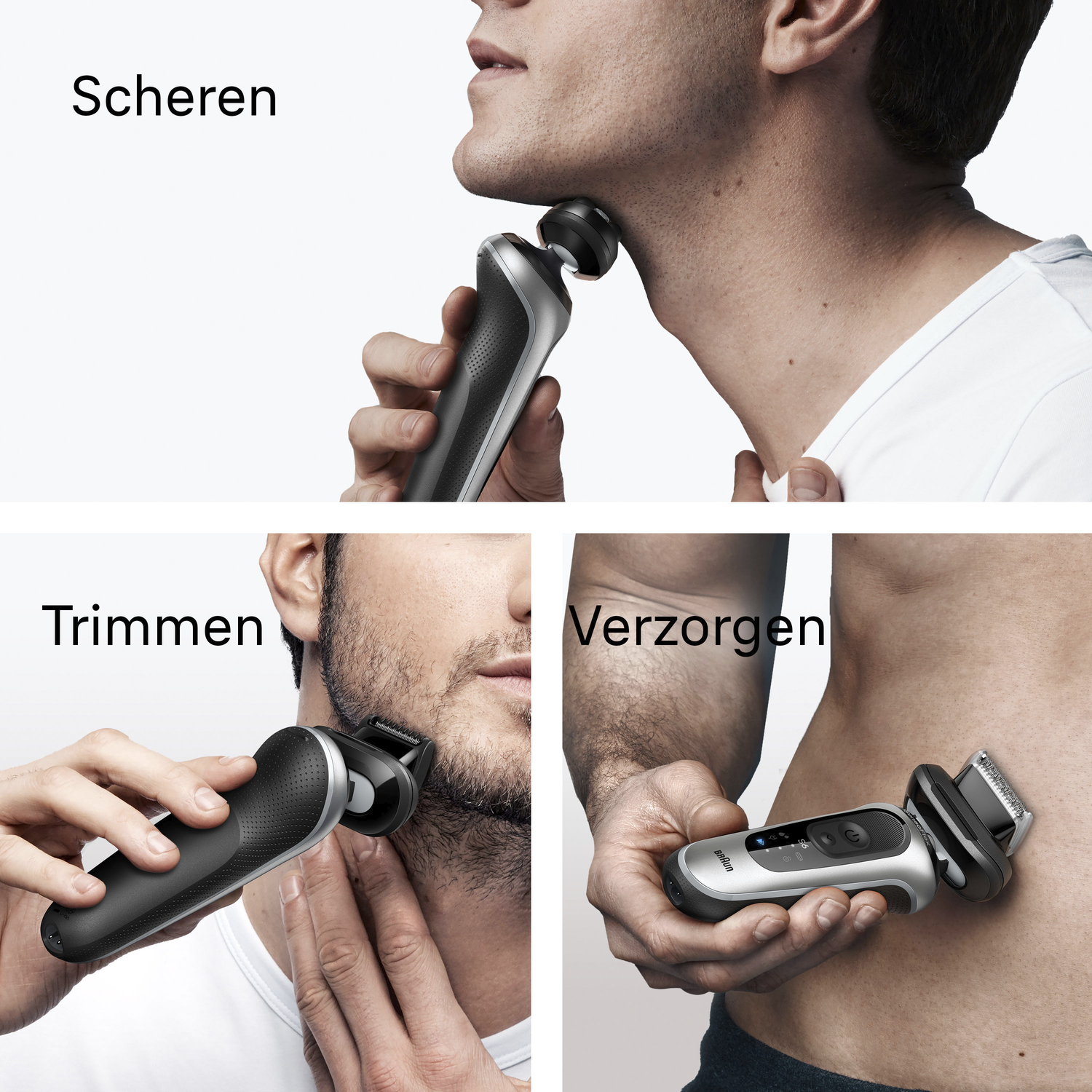 A man shaves his neck with an electric shaver. Another man trims his beard. A third man uses shaver on his torso.