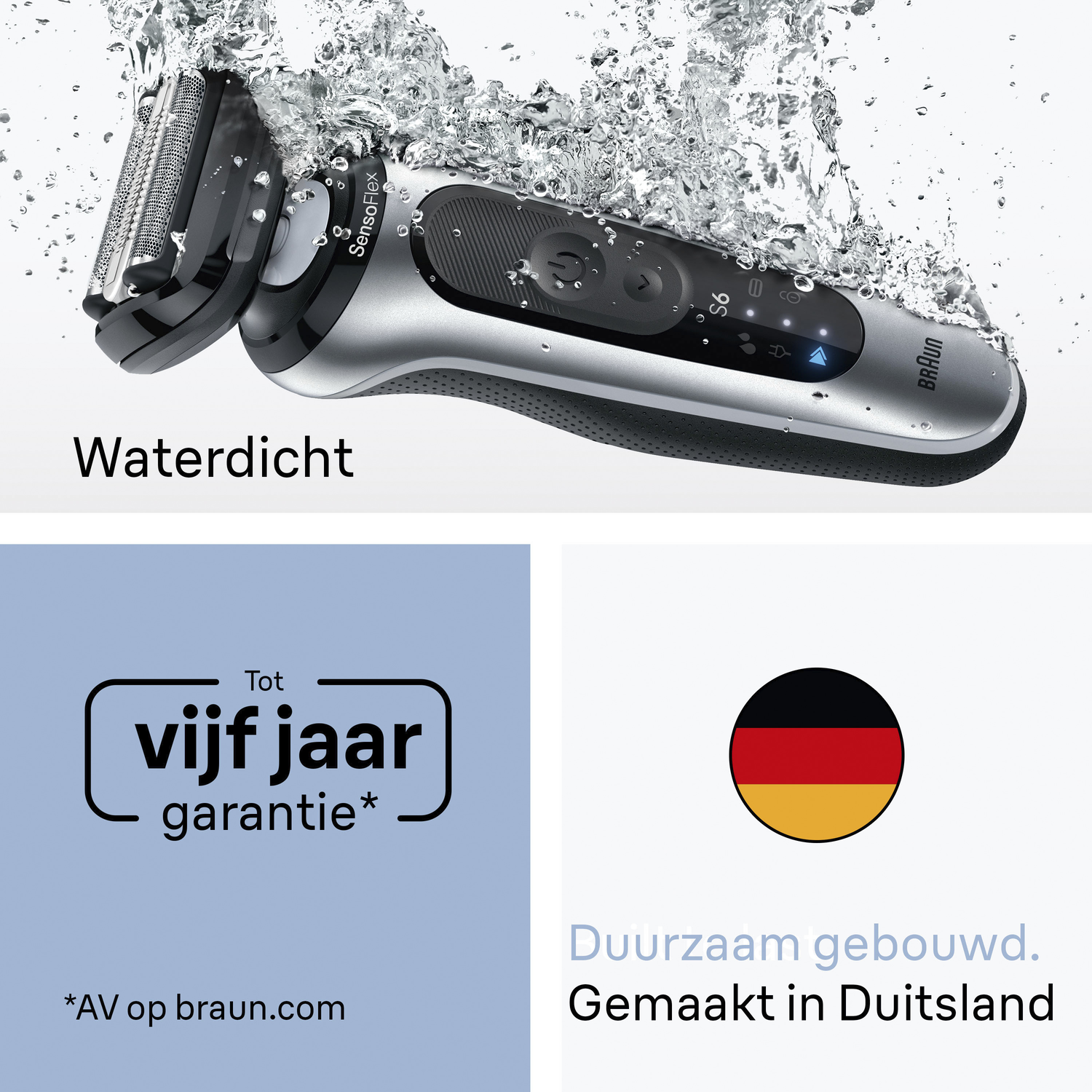 A Braun electric shaver submerged in water. It's gray and black, with water droplets and text: Waterdicht, and details on warranty and origin.