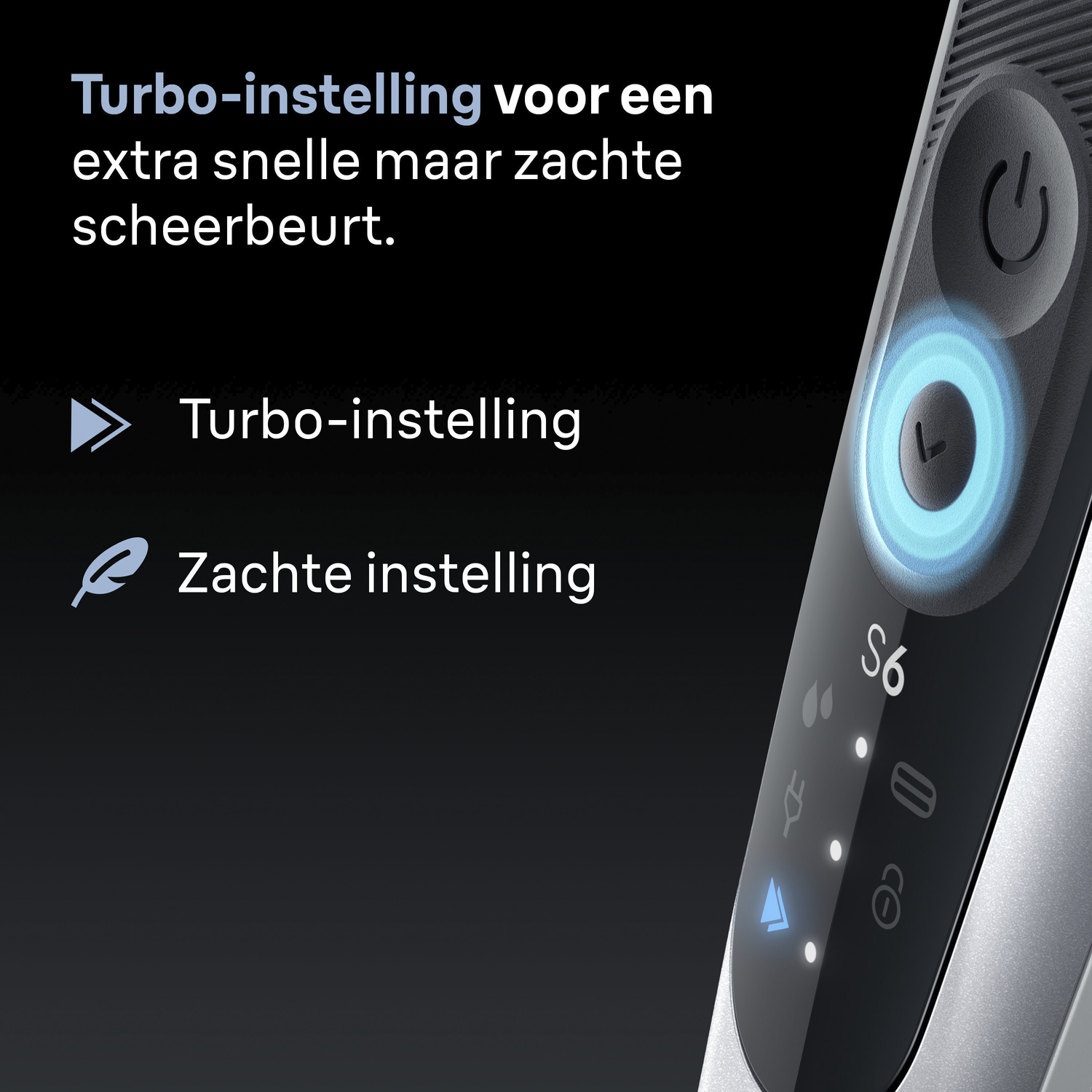 A black and silver shaver with illuminated buttons and text in Dutch. The image highlights turbo and soft settings for shaving.