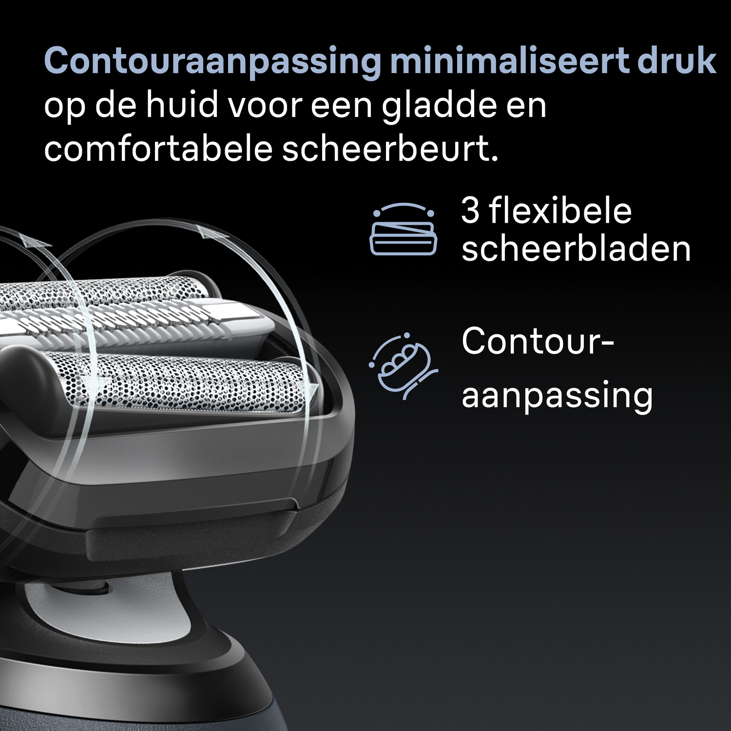 A close-up of a black and silver electric shaver. Text describes contour adjustment, 3 flexible blades, and comfortable shave.