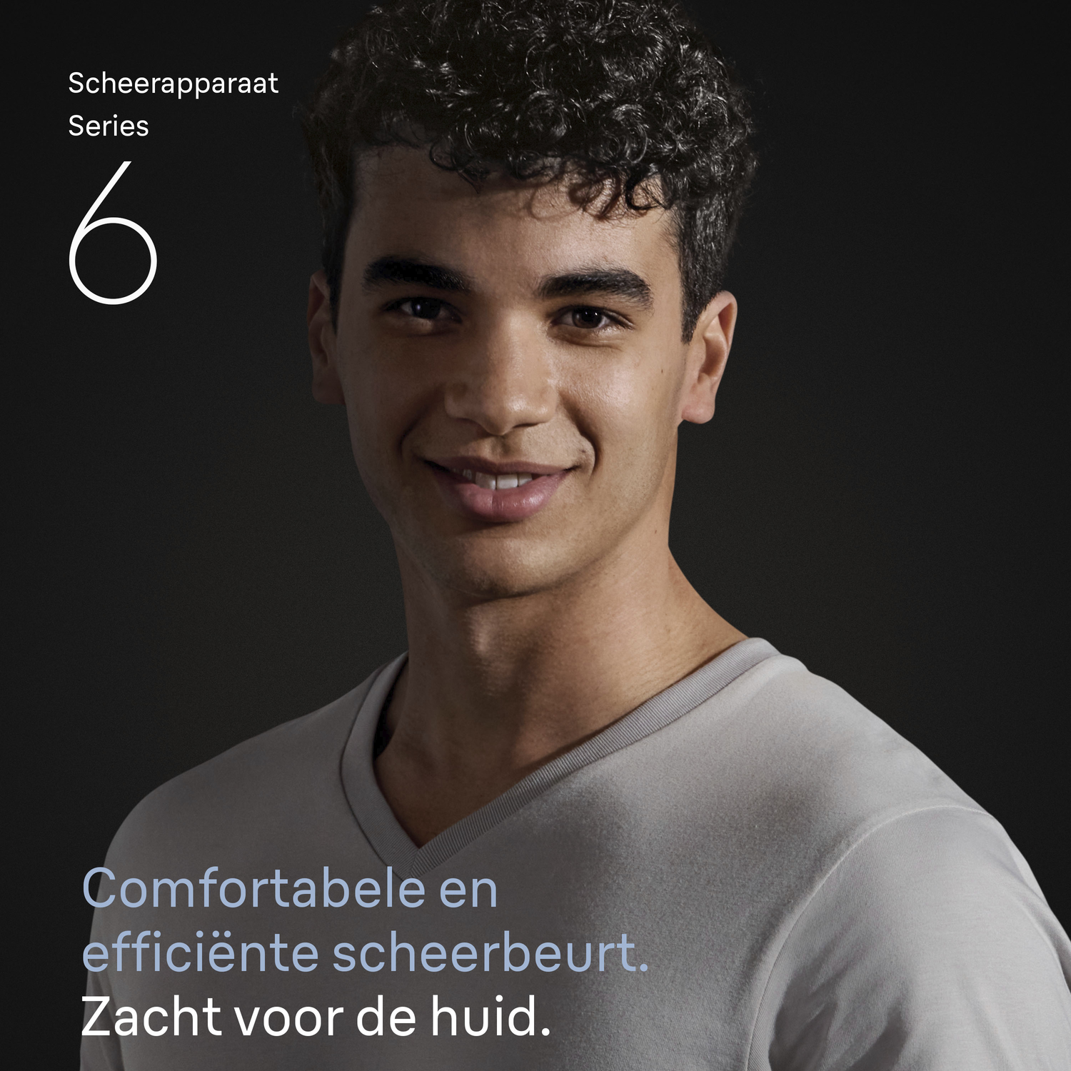 A young man smiles, wearing a grey shirt. Text reads: 'Comfortable and efficient shave. Gentle on skin.'