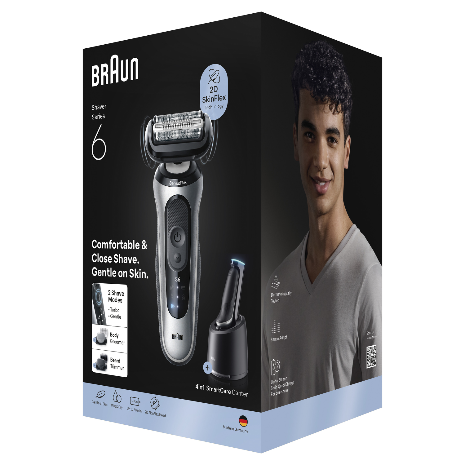 Braun Series 6 electric shaver box. A man smiles on the right. The box shows the shaver, features, and technology.