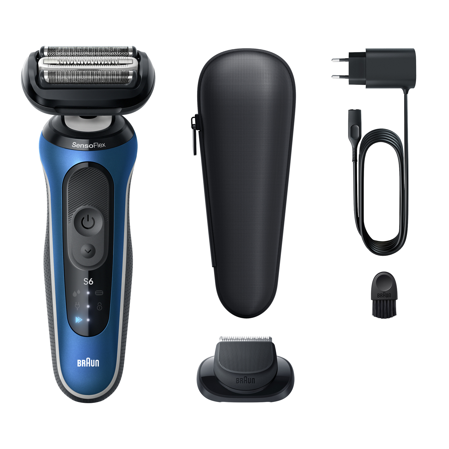 A blue and black Braun electric shaver, with accessories like a case, charger, cleaning brush, and replacement head, on a white background.