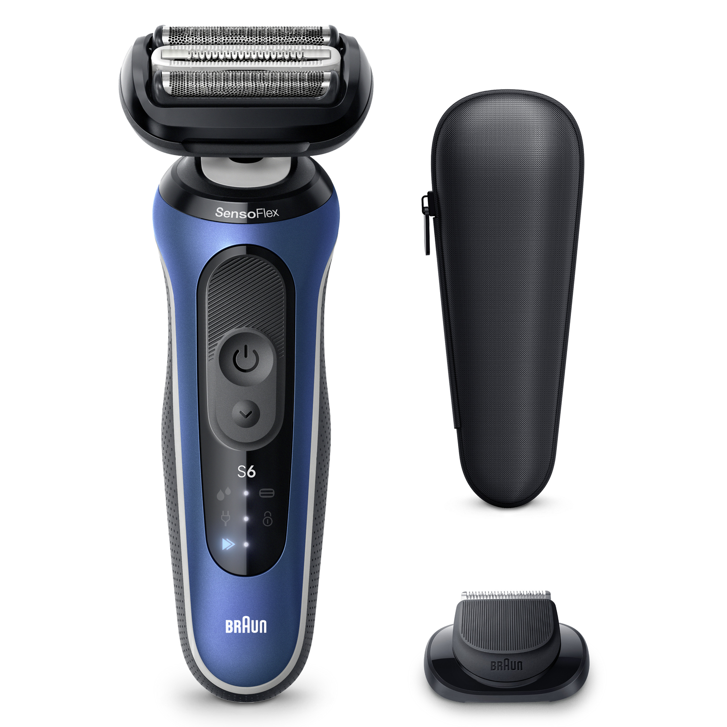 An electric shaver with a blue and black body, a black case, and a replacement head are on a white background.