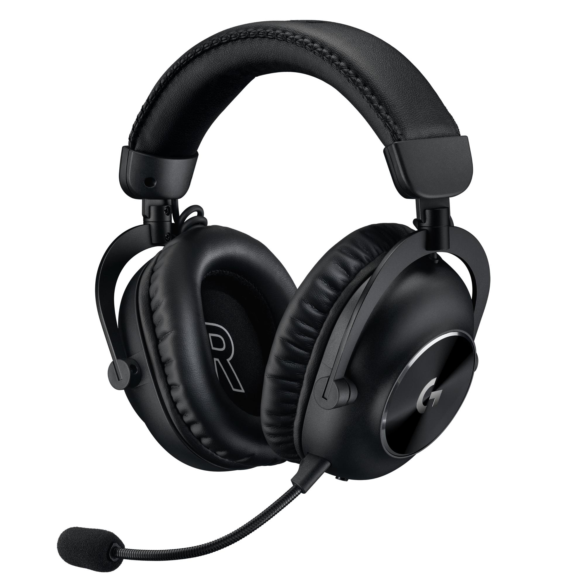 Schwarzes Logitech-Gaming-Headset mit Mikrofon. Verfügt über Ohrmuscheln, einen Kopfbügel und ein flexibles Mikrofon.