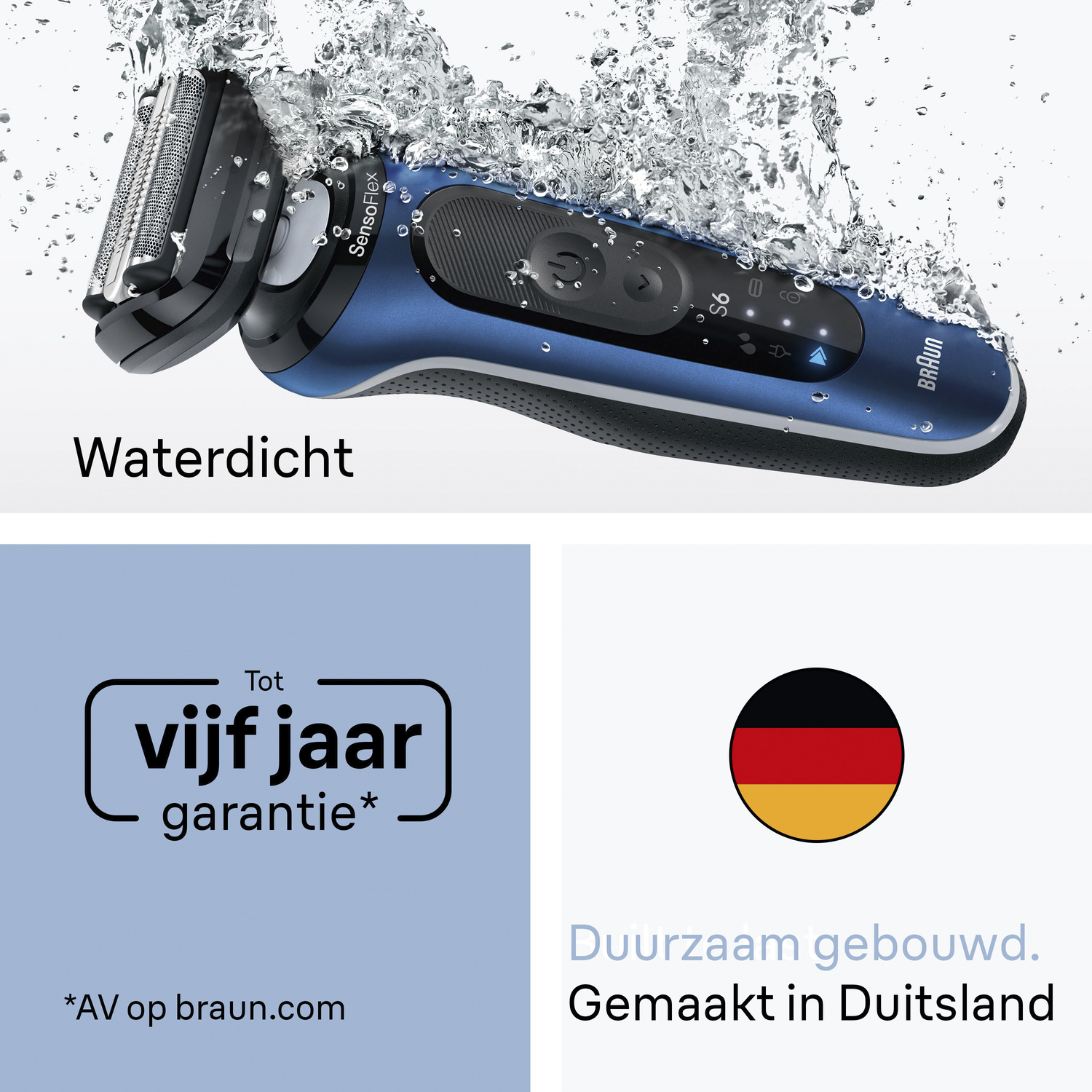 Blauw-zwarte Braun-scheerapparaat in water. Labels tonen waterdichtheid. Tekst: 5 jaar garantie en gemaakt in Duitsland.