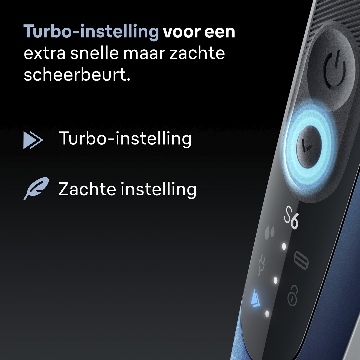 Een elektrisch scheerapparaat met een blauw accent en een blauw oplichtende aan/uit-knop. Tekst benadrukt turbo- en zachte instellingen.