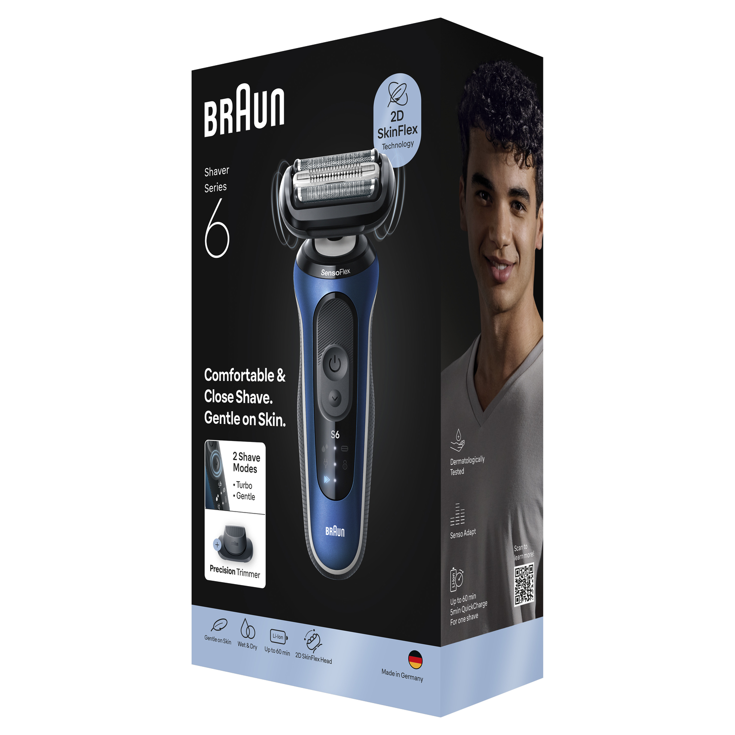 Braun Series 6 shaver box with a man and product details. Blue shaver, text: Comfortable & Close Shave. Made in Germany.