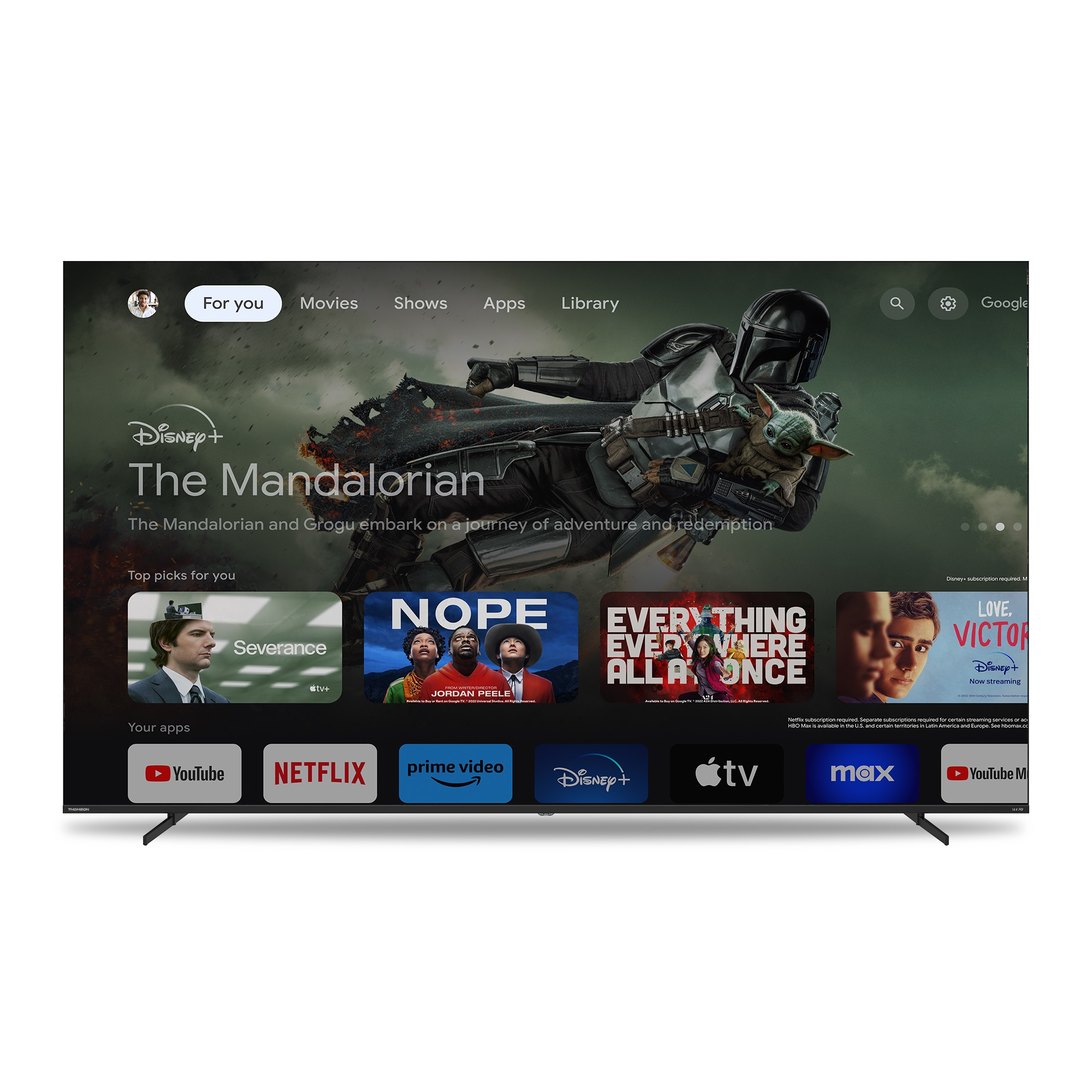 Bir TV ekranı, 'The Mandalorian'ın yer aldığı Disney+ uygulamasını gösteriyor. YouTube ve Netflix gibi uygulamalar da görünür.
