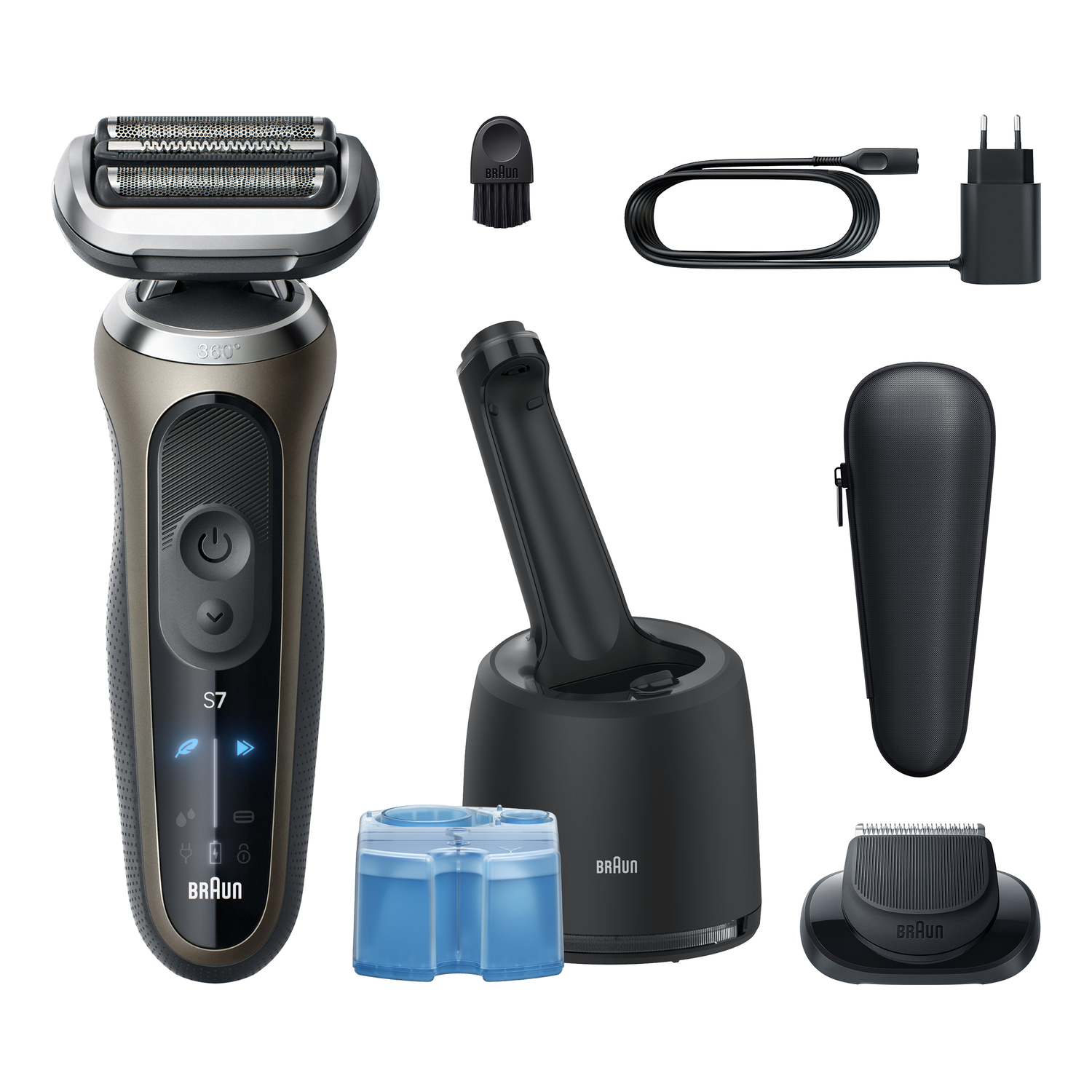 A Braun Series 7 electric shaver and accessories. Includes a charger, cleaning station, travel case, trimmer, and cleaning brush.