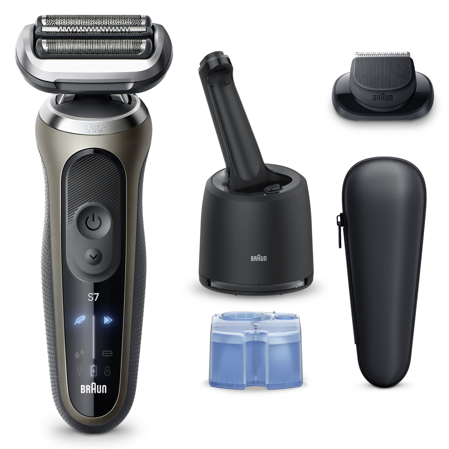 An electric shaver with accessories: charging stand, cleaning cartridge, travel case, and a trimmer head. All on a white background.