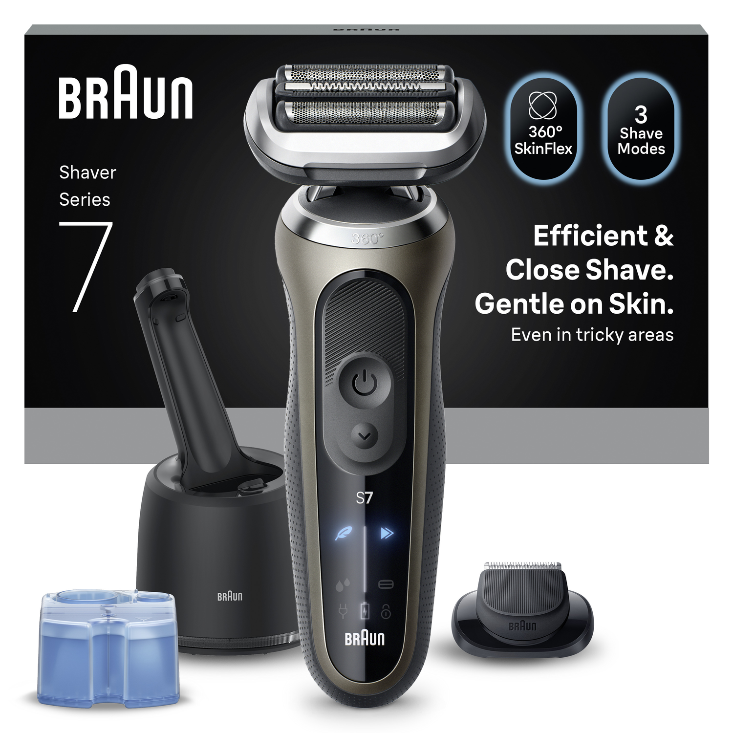 Braun Series 7 electric shaver with accessories. Includes a charging stand, cleaning cartridges, and a trimmer head. The packaging is visible.