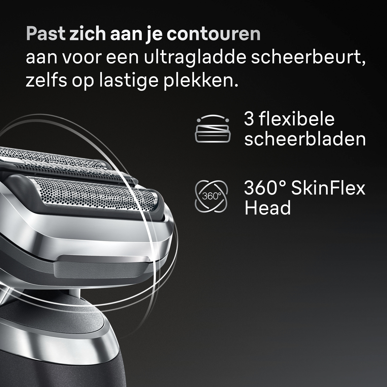 Close-up van een zilver-zwarte elektrische scheerapparaat. Tekst rechts: "3 flexibele mesjes" en "360 SkinFlex Head".