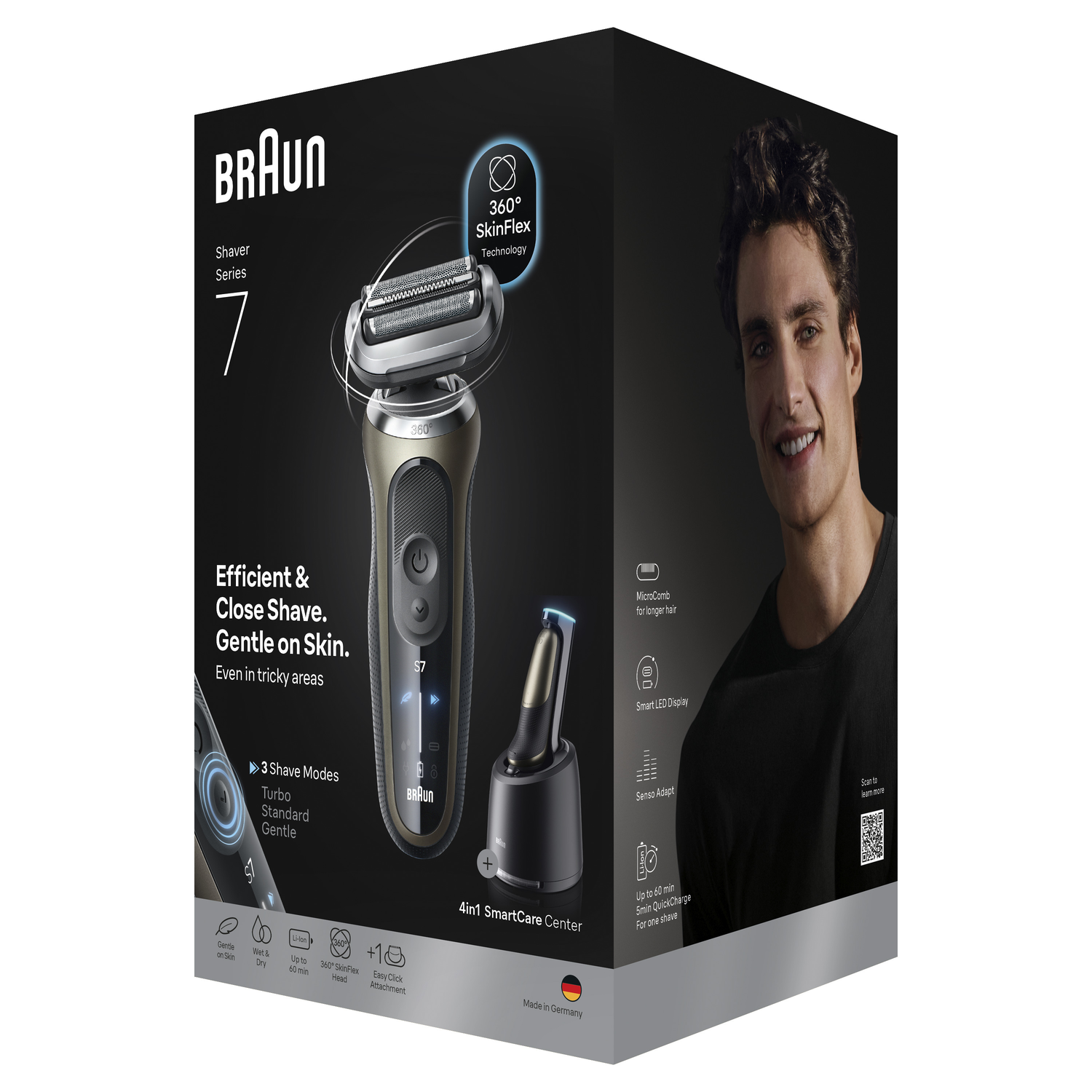A Braun Series 7 shaver on a box, with a man smiling. Features include 360° SkinFlex, 3 shave modes, and a SmartCare Center.