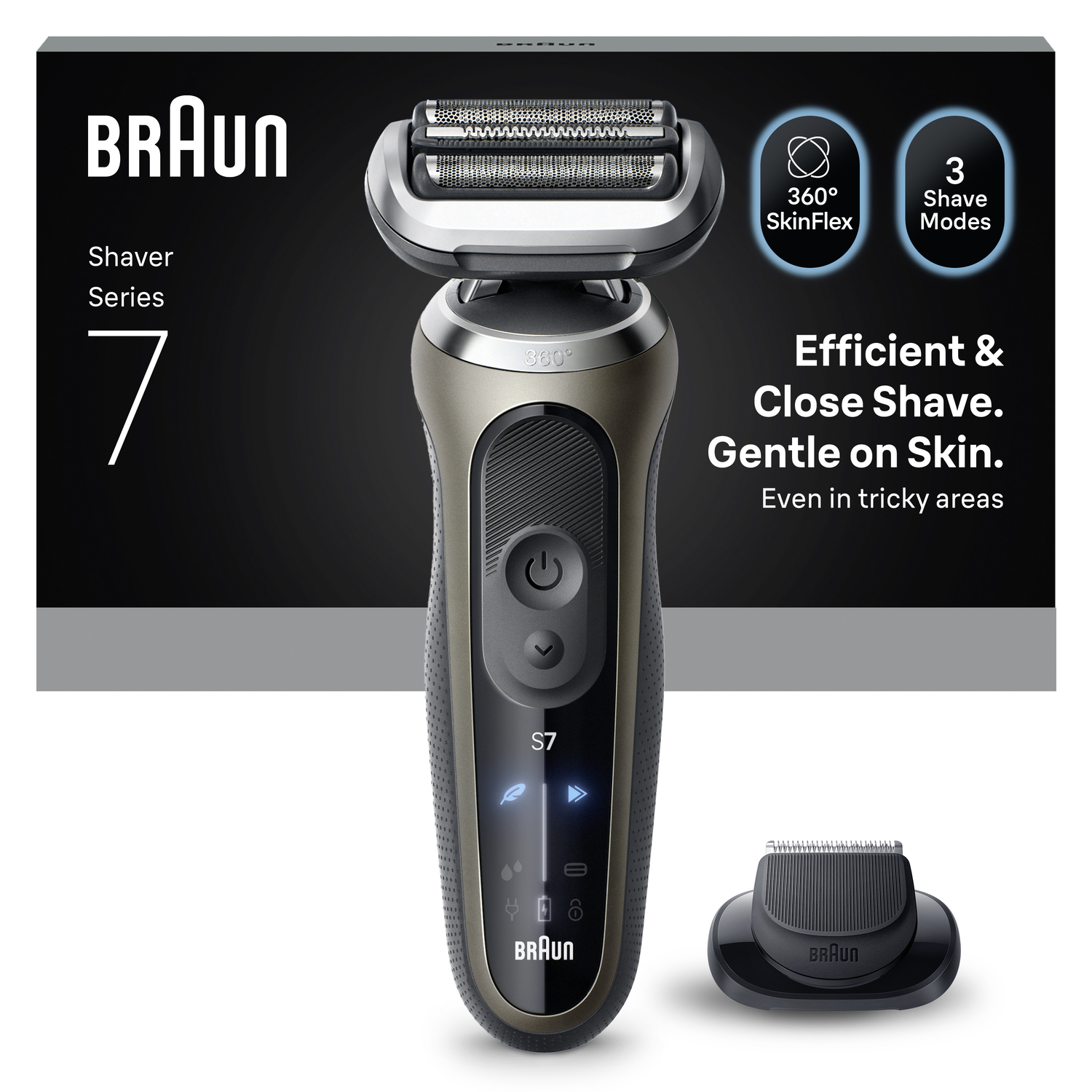 Een Braun Series 7 elektrisch scheerapparaat wordt getoond, met zijn oplaadstation. De verpakking bevat tekst, met vermelding van scheermodi en huidverzorging.