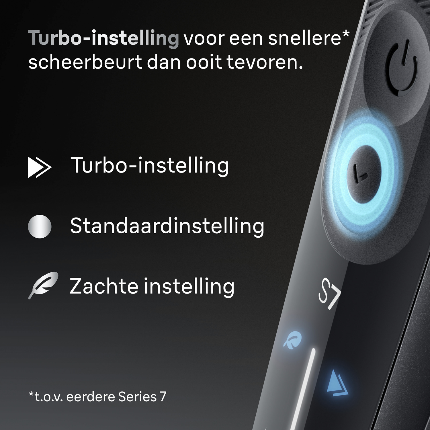 Image shows a black electric shaver with illuminated blue power button and settings. Text indicates 'Turbo setting' for faster shave.