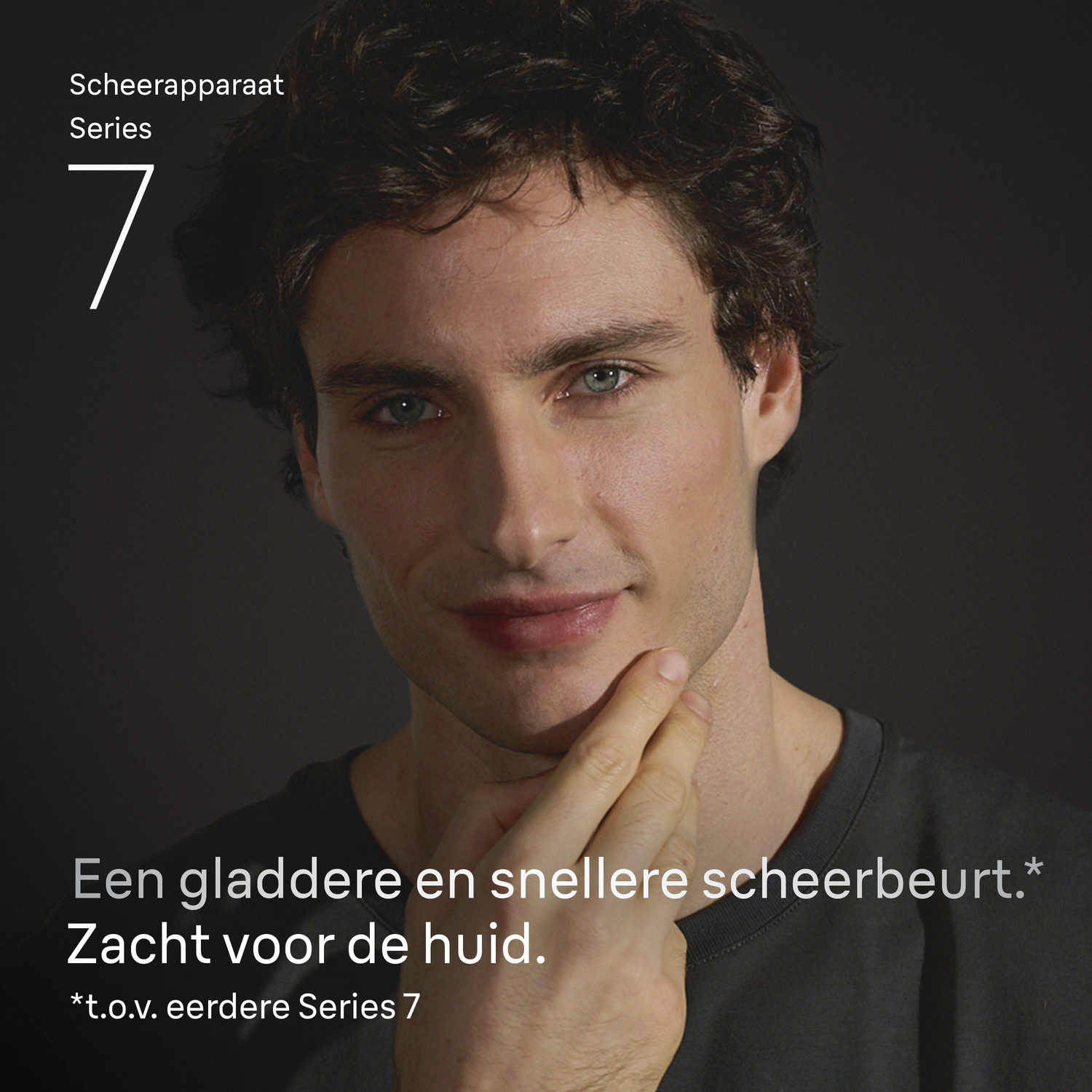 A man with dark hair and blue eyes touches his jaw. Text says 'smoother, faster shave'. Background is dark.