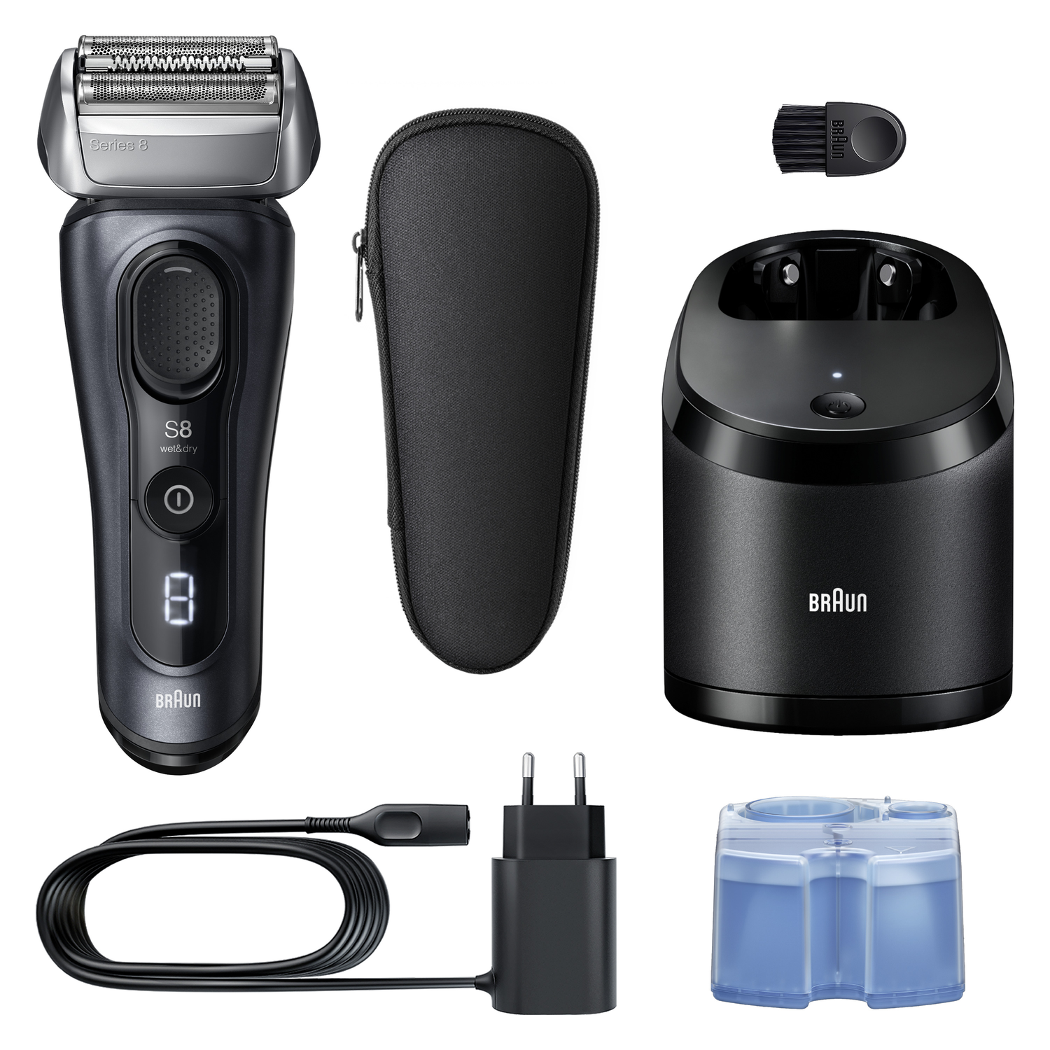 A black Braun Series 8 electric shaver with accessories: charging station, case, brush, charger, and cleaning cartridge.
