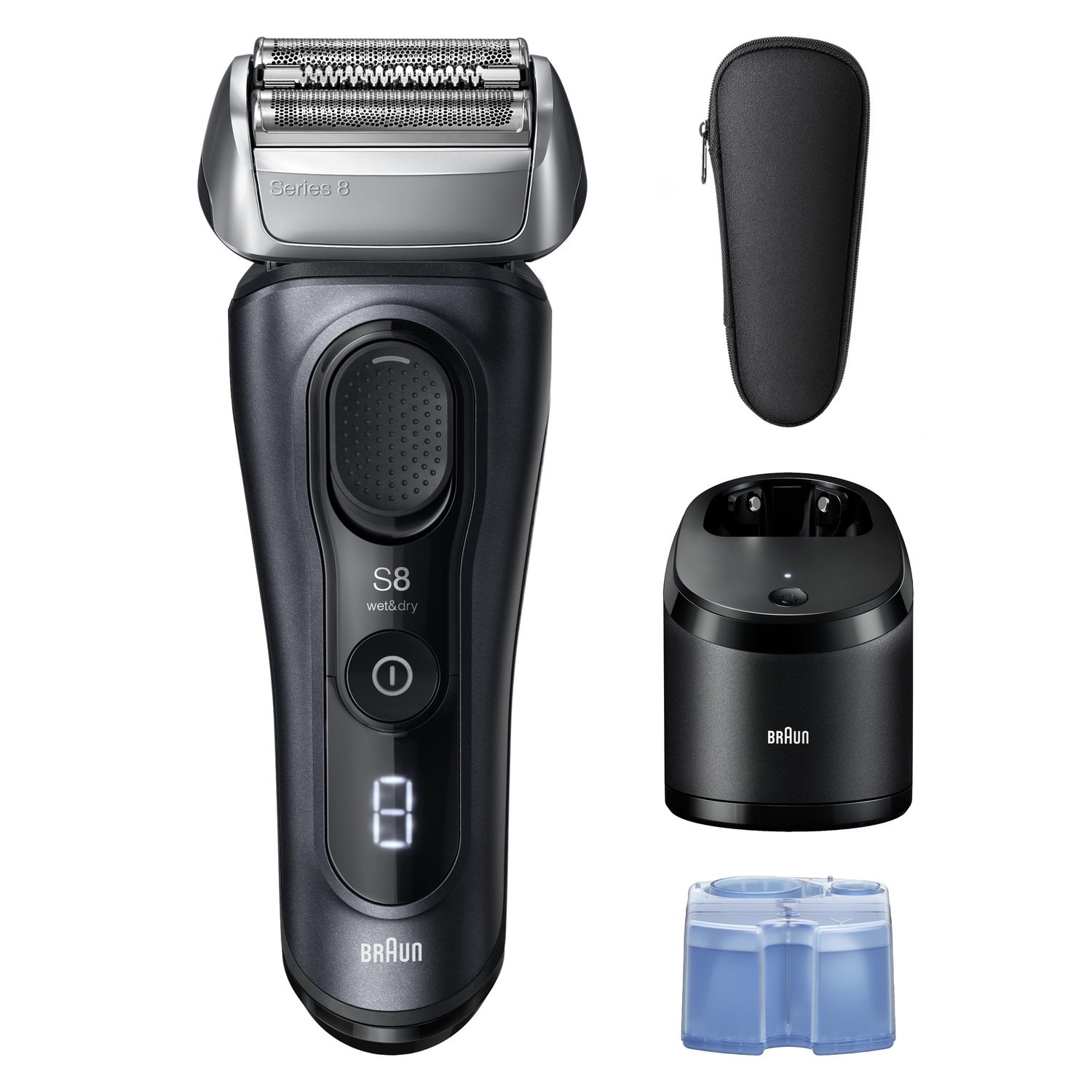 A black Braun Series 8 electric shaver, charging base, cleaning cartridge and black travel case are displayed on a white background.