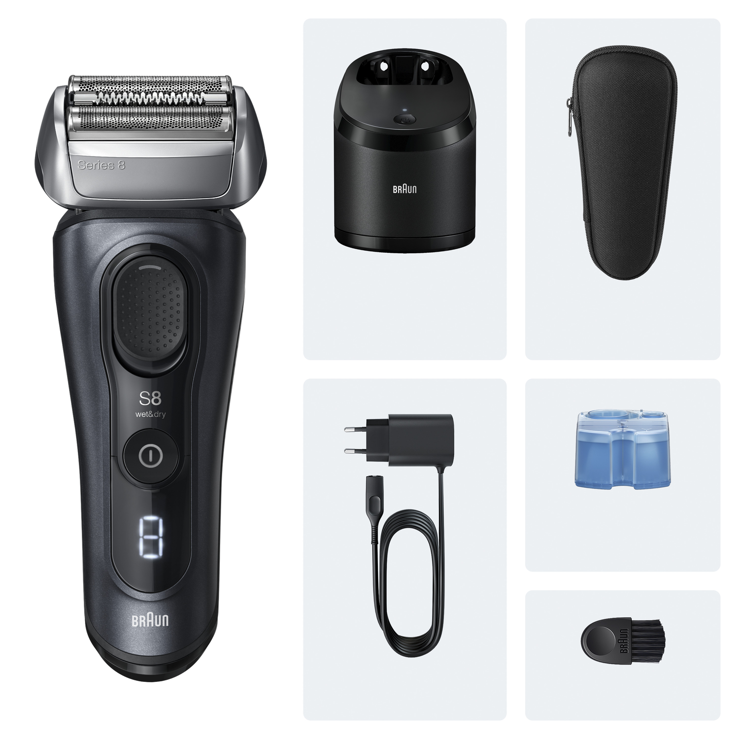 A Braun Series 8 electric shaver, charging stand, travel case, charger, cleaning solution, and brush are displayed on a white background.