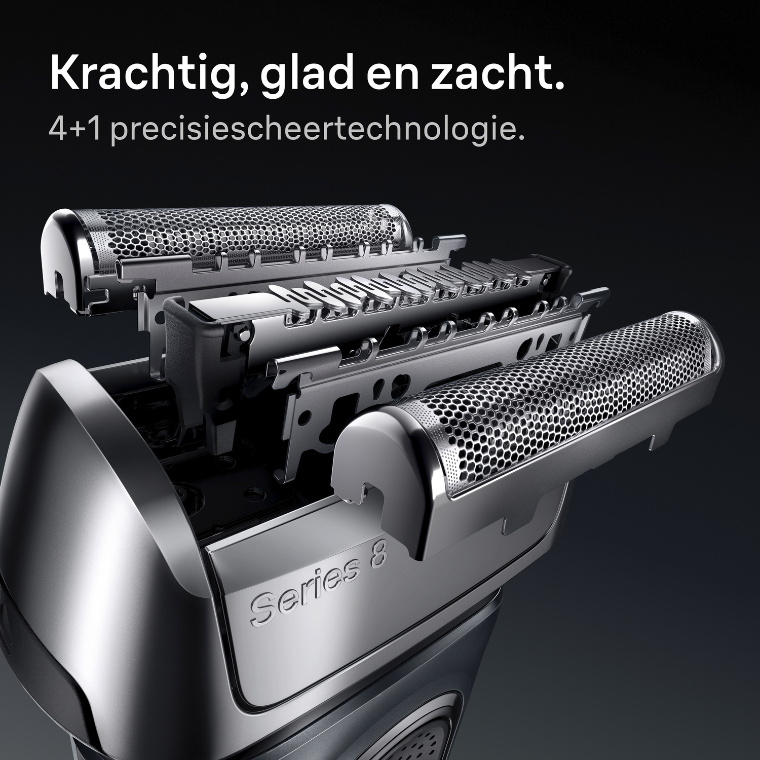 Close-up van een zilveren elektrisch scheerapparaat, met de mesjes en het 'Series 8'-logo. Nederlandse tekst: 'Krachtig, glad en zacht'.