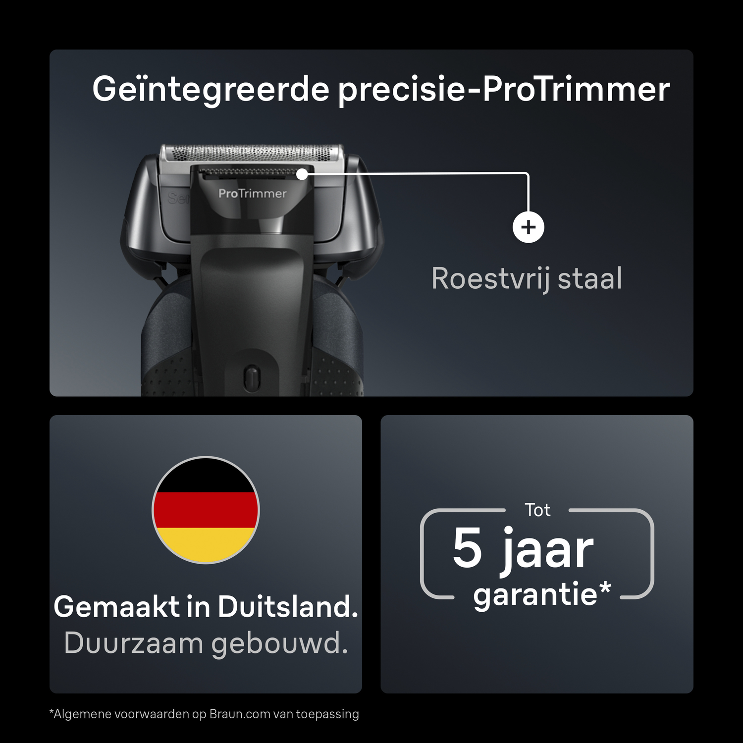 Een elektrisch scheerapparaat met ProTrimmer, de Duitse vlag en tekst met 'Made in Germany' en '5 jaar garantie'.
