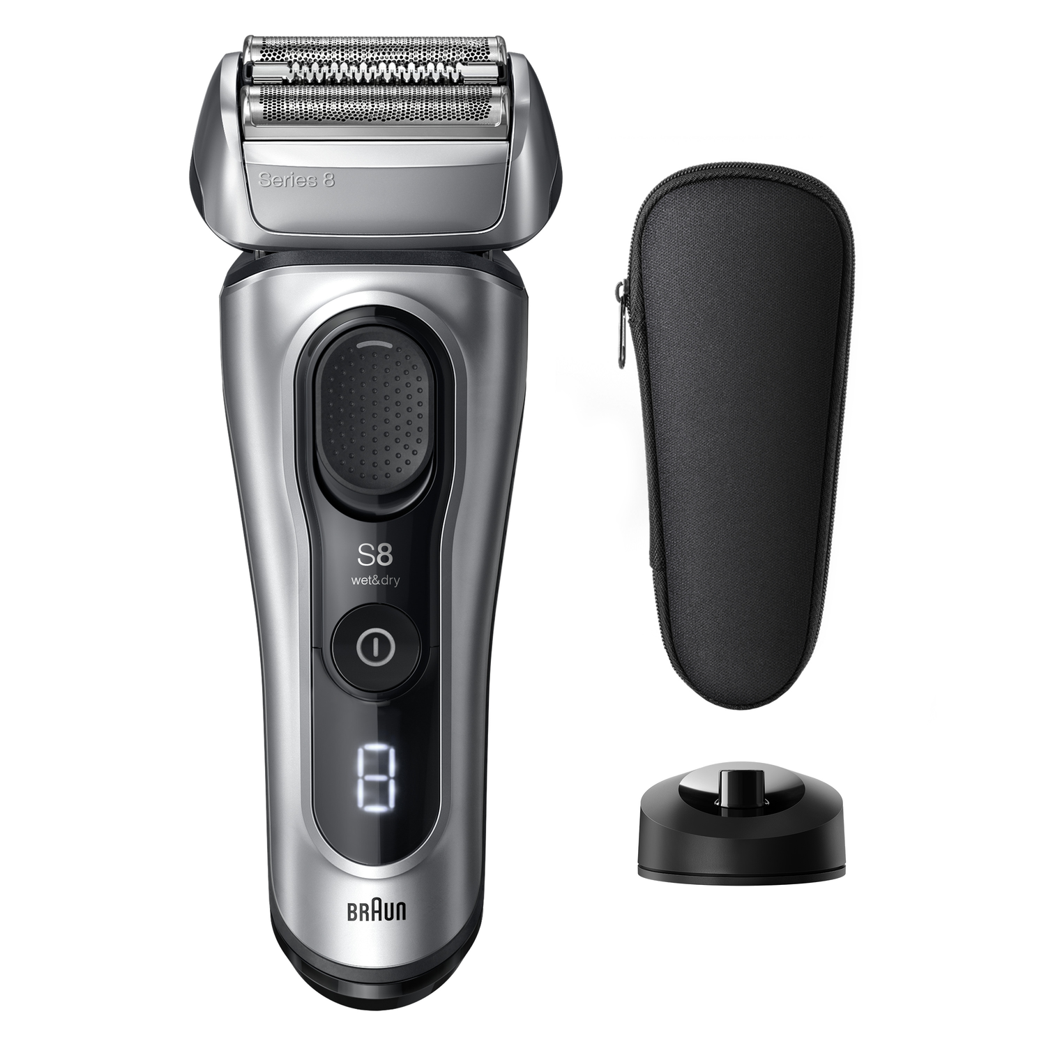 A Braun Series 8 electric shaver, a black travel case, and a black charging base are on a white background.