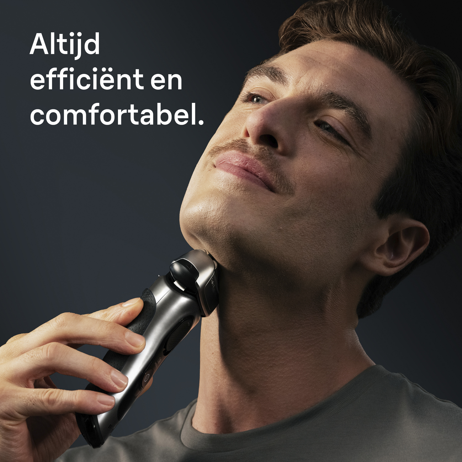 A man shaves his neck with an electric shaver. The text reads 'Always efficient and comfortable'.