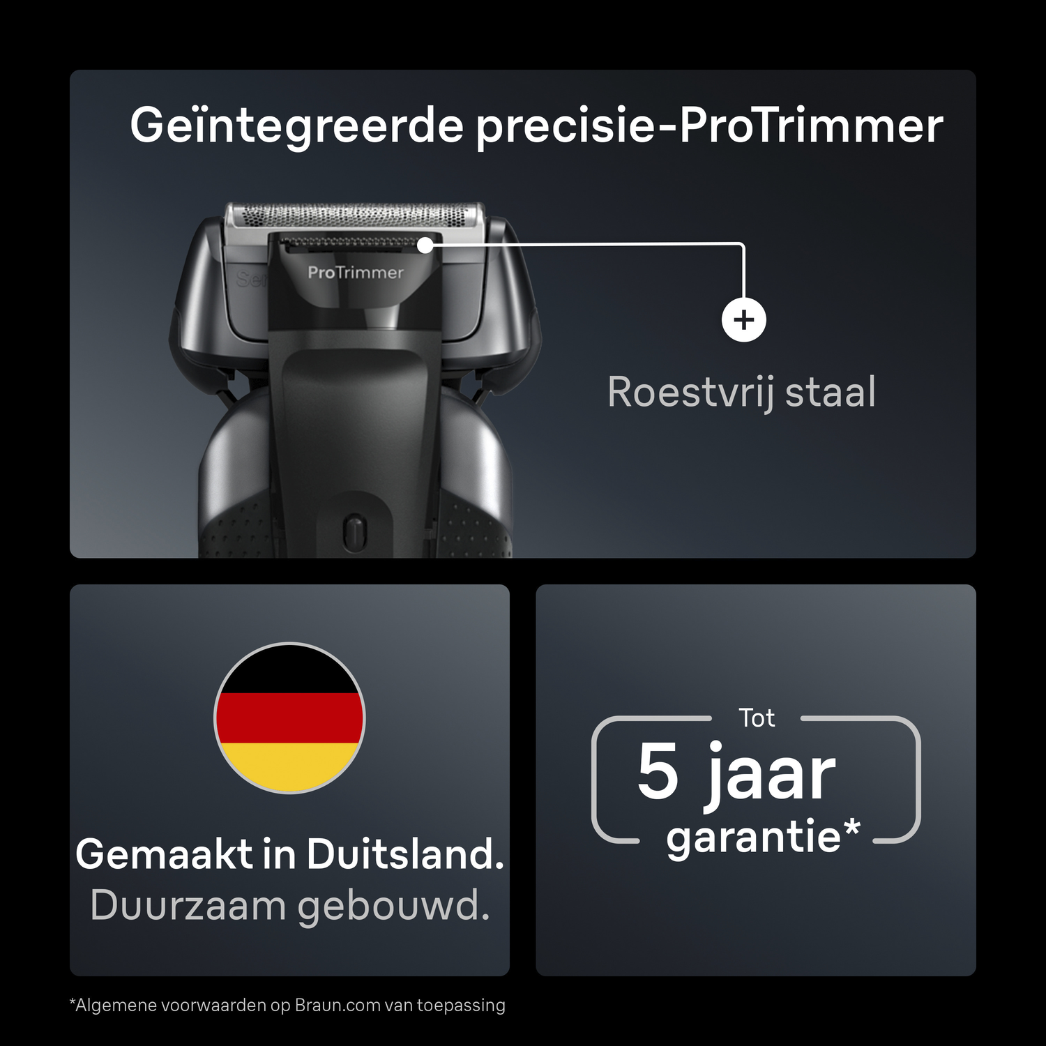 An electric shaver, with the words 'ProTrimmer' and 'stainless steel' present. It also shows the German flag and a 5-year warranty.