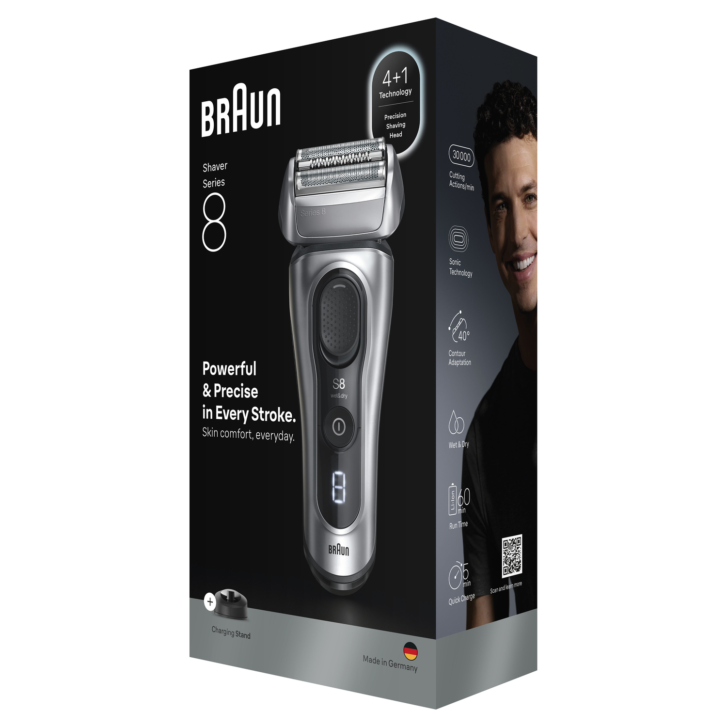 Box of Braun Series 8 shaver. Features include precision shaving, sonic technology, wet & dry, and a smiling man on the side.