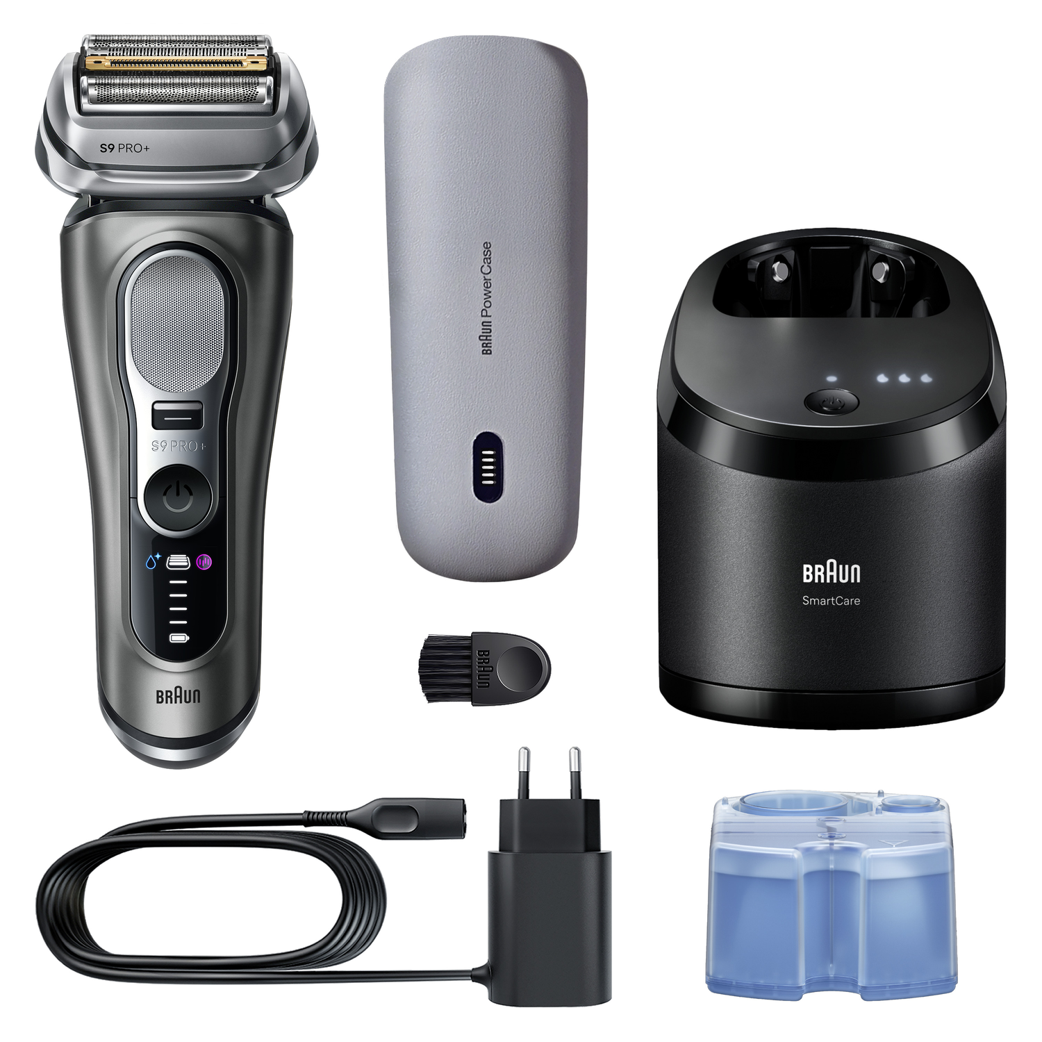 A Braun S9 Pro+ electric shaver with accessories, including a charging base, travel case, cleaning brush, and power adapter, isolated on white.