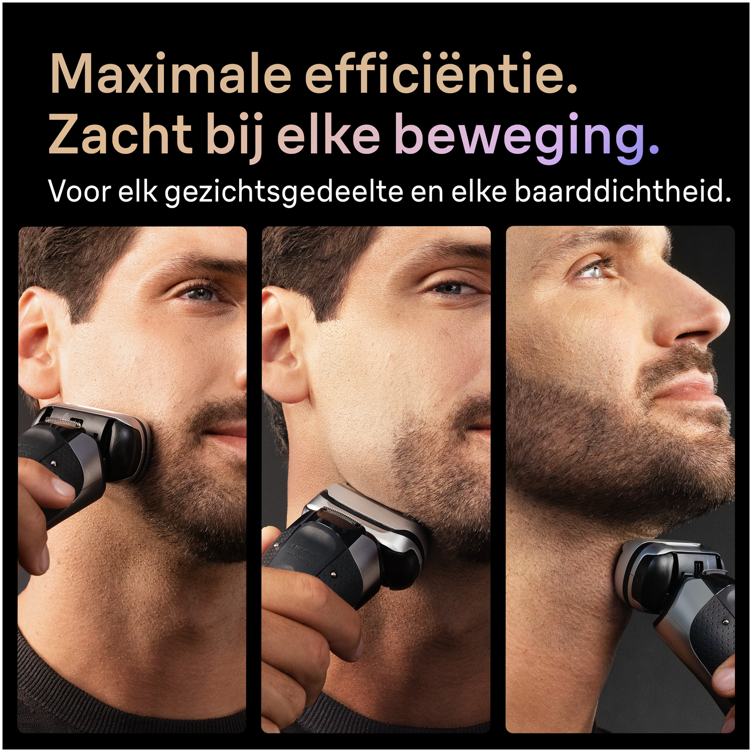 Een man scheert zich met een zwart-zilveren elektrisch scheerapparaat. De afbeelding is in drie secties verdeeld om verschillende scheergebieden te tonen.