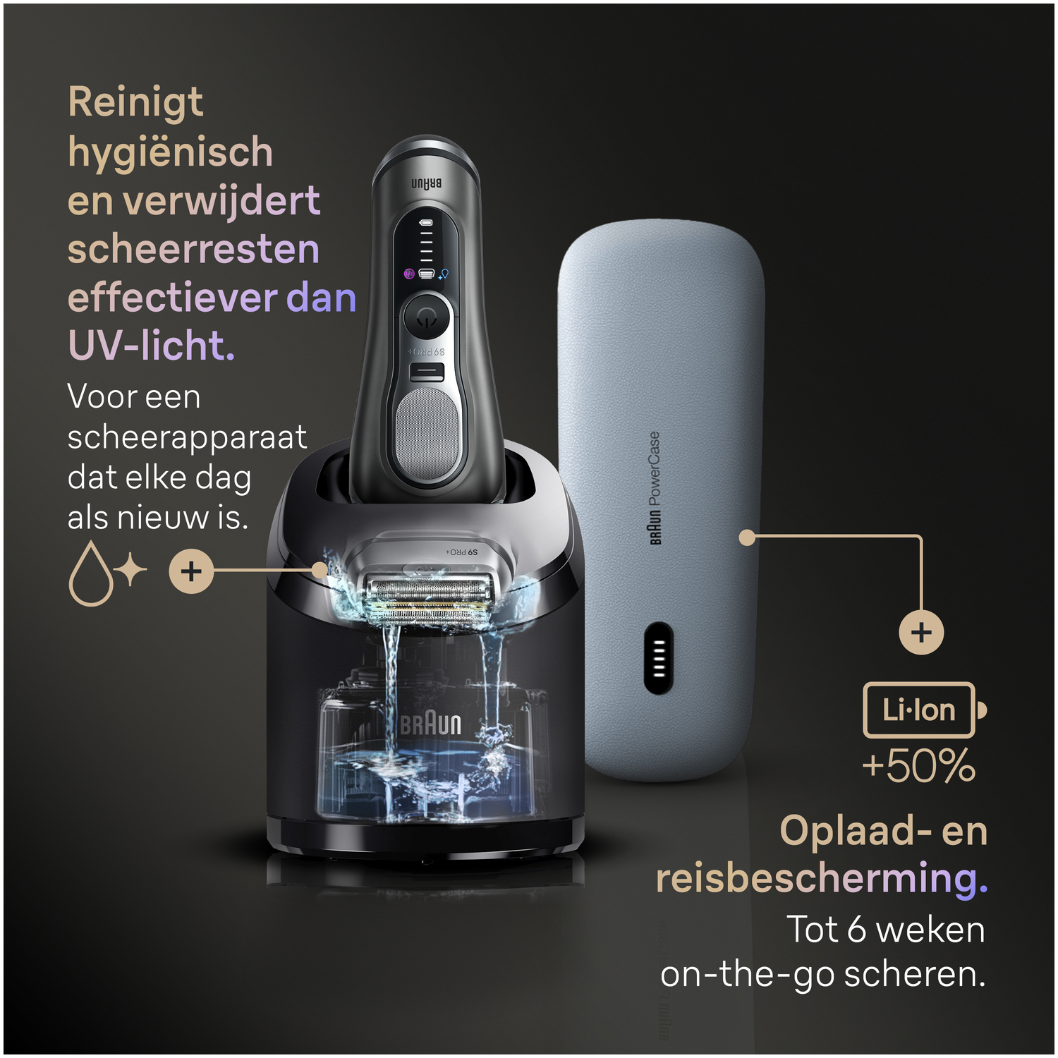 Een Braun elektrisch scheerapparaat in zijn reinigingsstation. Rechts een lichtblauwe hoes, met tekst en pictogrammen. De tekst is in het Nederlands.