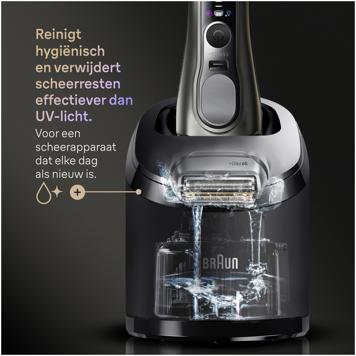 A Braun electric shaver in its cleaning station. Water is flowing around the shaver head. The text says it cleans better than UV light.