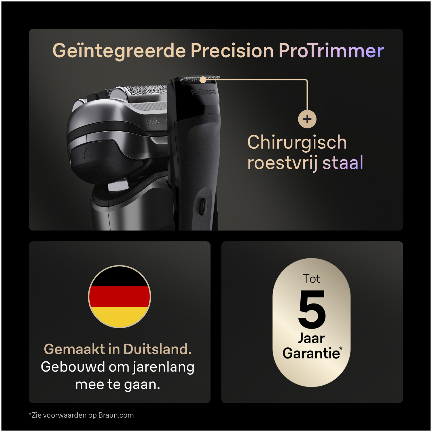 Zwart en zilver elektrisch scheerapparaat met tekst over precisietrimmer, chirurgisch roestvrij staal, gemaakt in Duitsland en 5 jaar garantie.