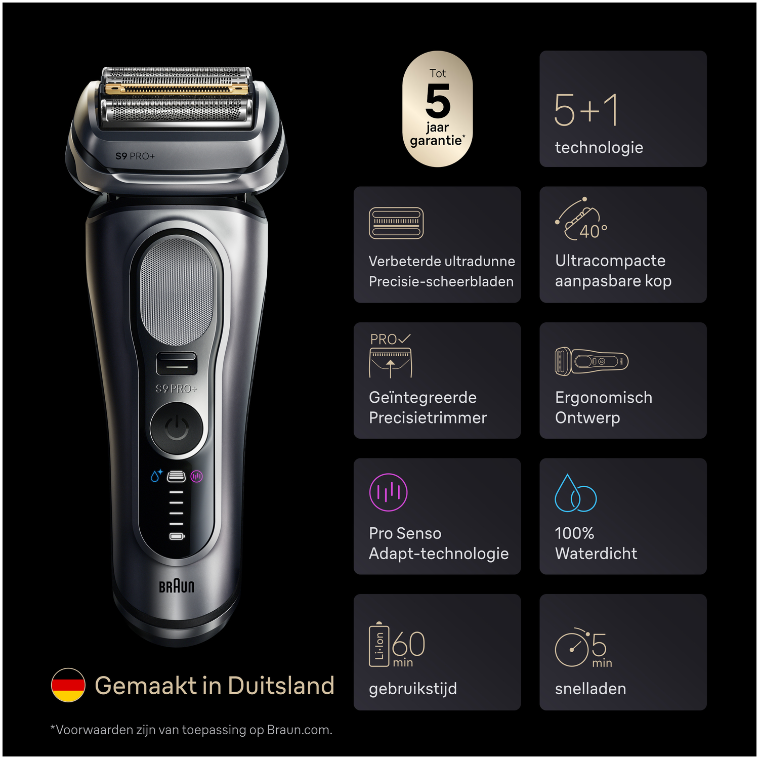 Een Braun S9 Pro+ scheerapparaat met zwarte achtergrond. Kenmerken zijn 5+1 technologie, 5 jaar garantie en Made in Germany.