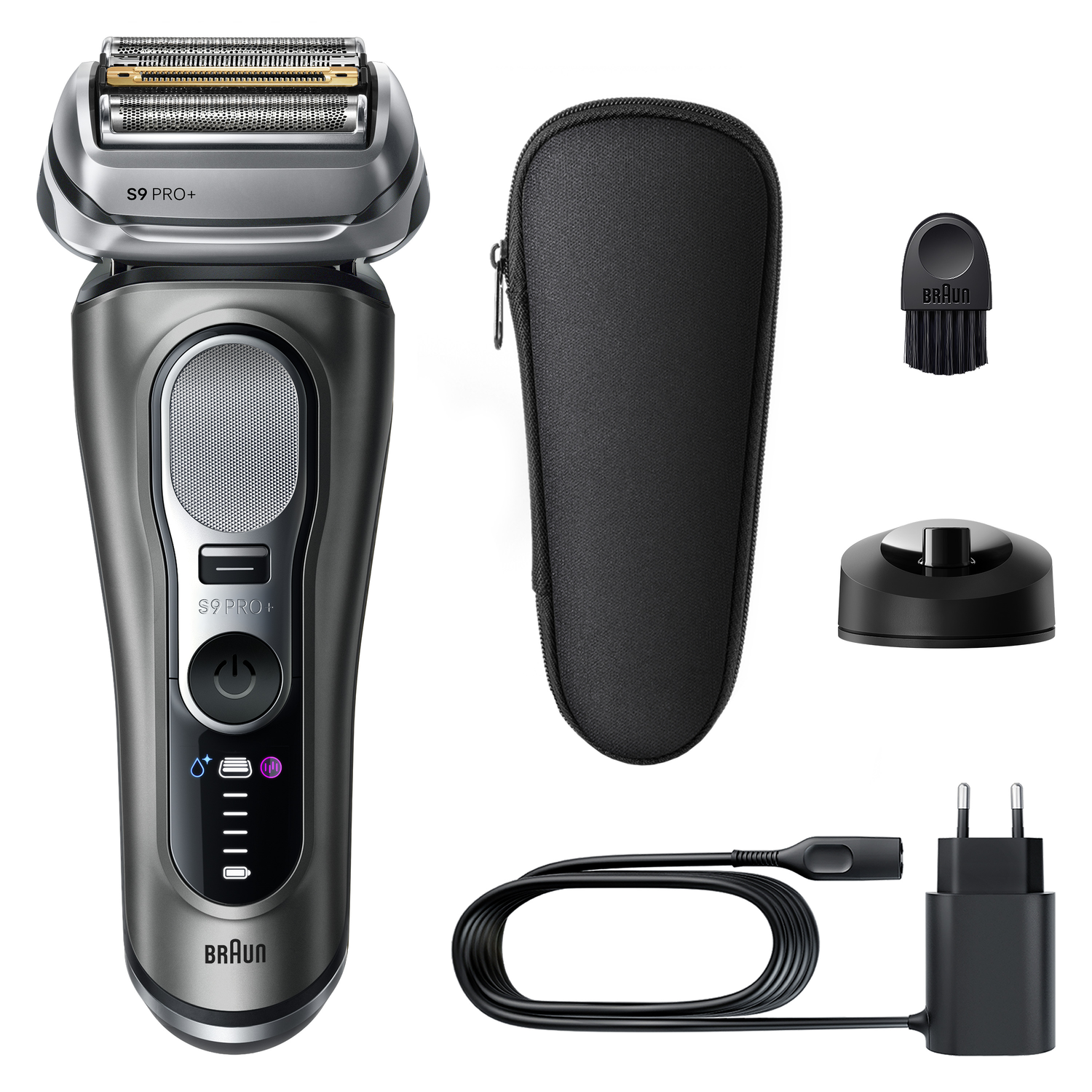 Een Braun S9 Pro+ elektrische scheerapparaat met accessoires: reisetui, reinigingsborstel, oplaadstandaard en adapter.