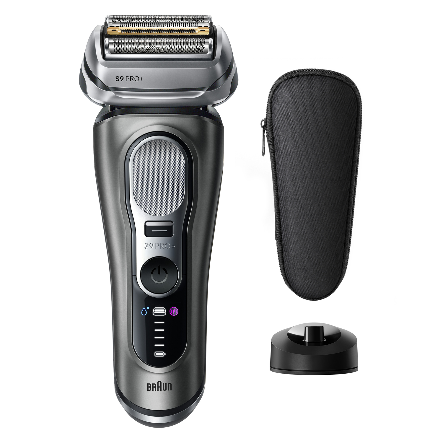 Een Braun Series 9 Pro+ elektrisch scheerapparaat, met een zwarte draagtas en oplaadstandaard, op een witte achtergrond.