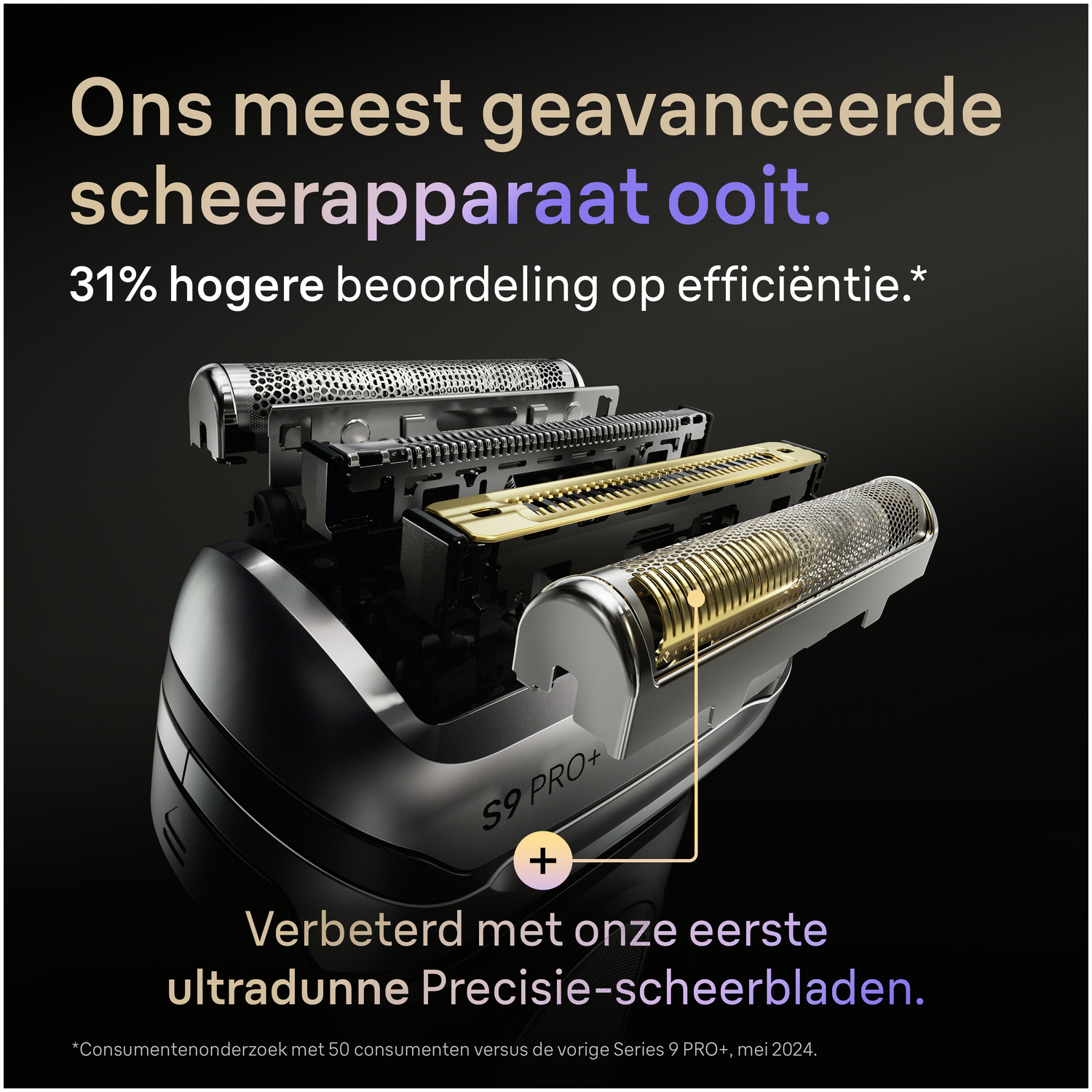 Close-up of a disassembled electric shaver with three heads. Text reads: "Our most advanced shaver ever". 