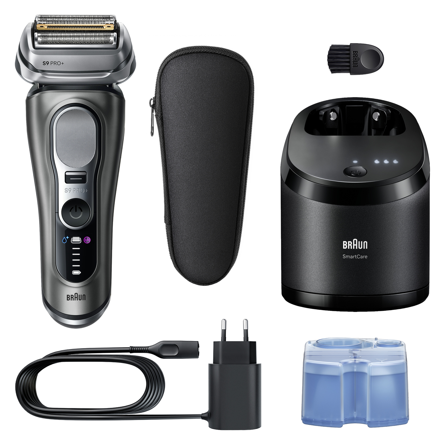 A Braun electric shaver kit with shaver, case, cleaning brush, charging stand, power cord, adapter, and cleaning cartridge.